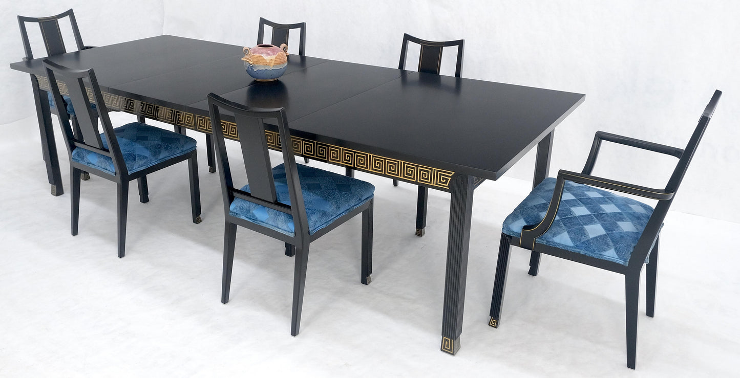 EstablishedLines Black Lacquer Gold Ornament Decorated 6 Chairs 2 Leaves Dining Table Set MINT!