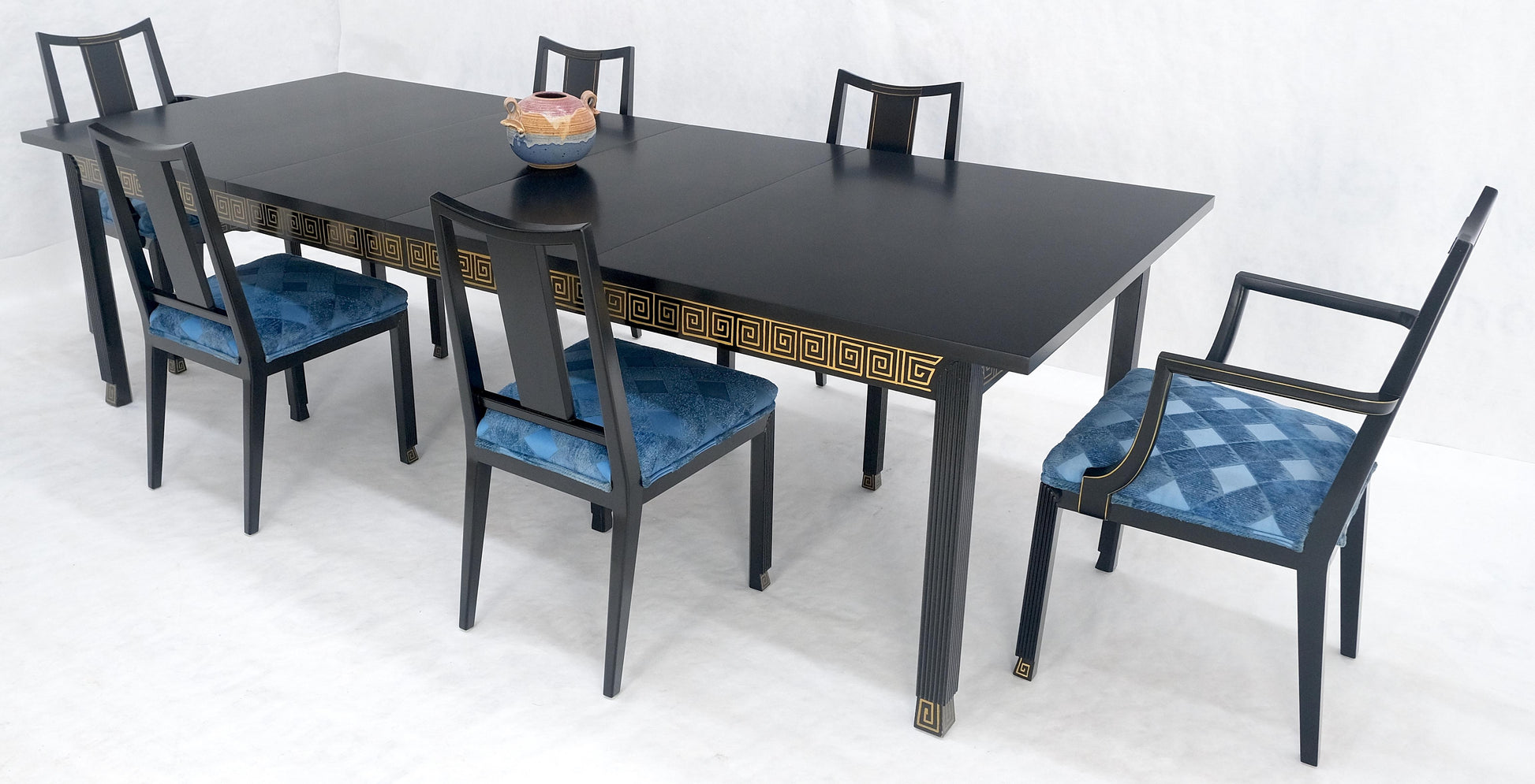 EstablishedLines Black Lacquer Gold Ornament Decorated 6 Chairs 2 Leaves Dining Table Set MINT!