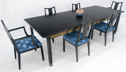 EstablishedLines Black Lacquer Gold Ornament Decorated 6 Chairs 2 Leaves Dining Table Set MINT!