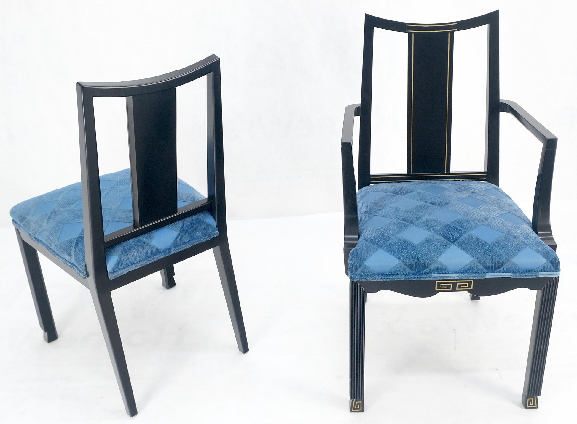 EstablishedLines Black Lacquer Gold Ornament Decorated 6 Chairs 2 Leaves Dining Table Set MINT!