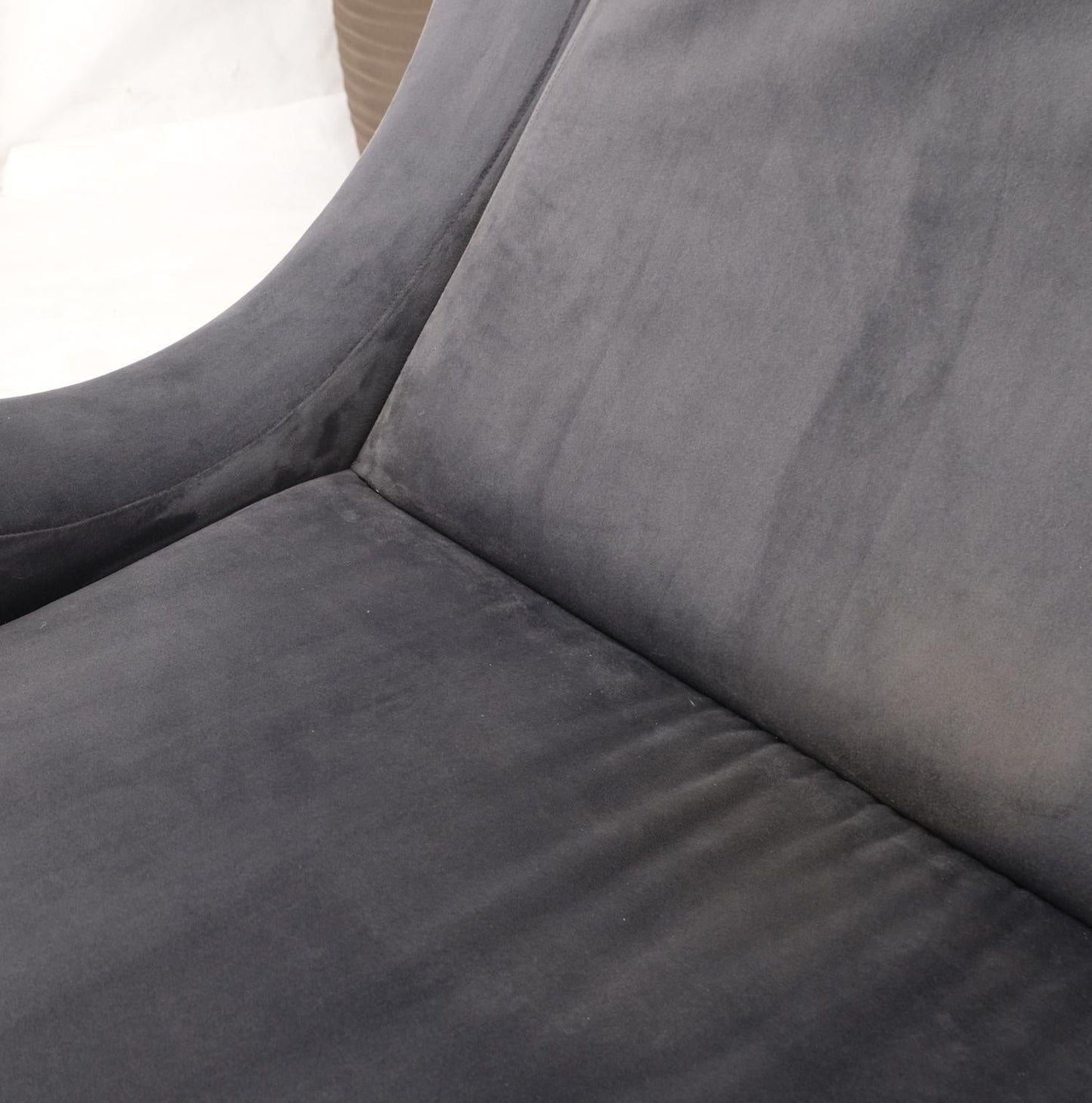 EstablishedLines Pair Italian Mid-Century Modern Brass Legs Grey Arm Lounge Chairs