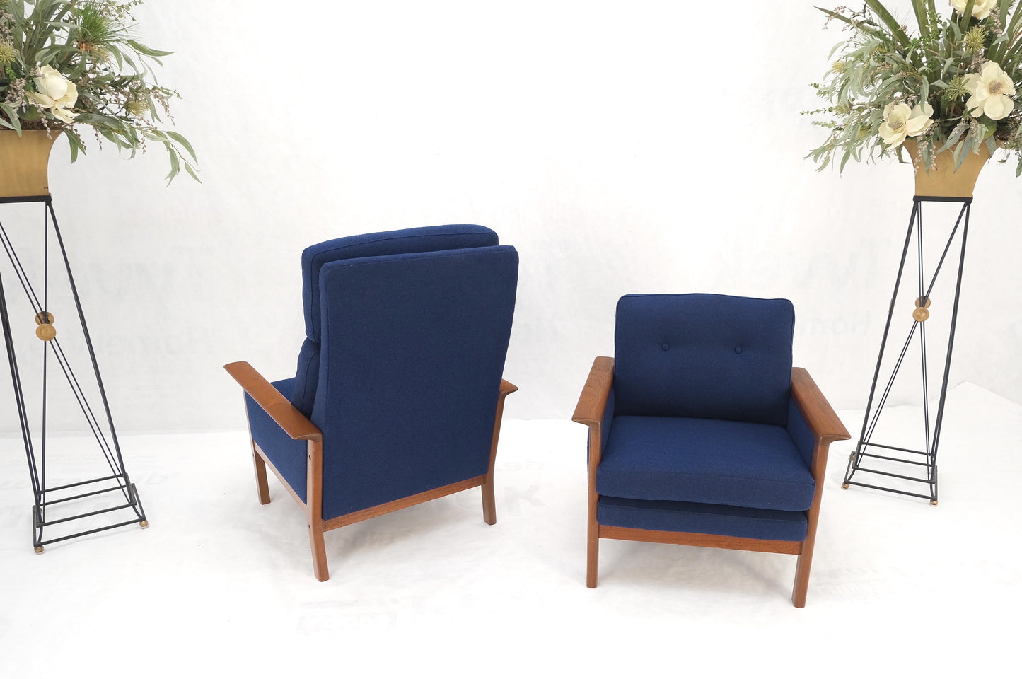 EstablishedLines Danish Mid-Century Modern Teak Frames New Wool Upholstery Lounge Chairs Refinish