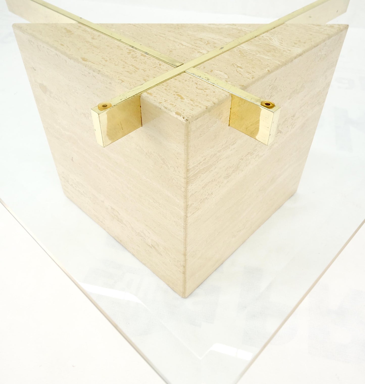 EstablishedLines Travertine Cube Base Square Glass Top Italian Mid-Century Modern Coffee Table