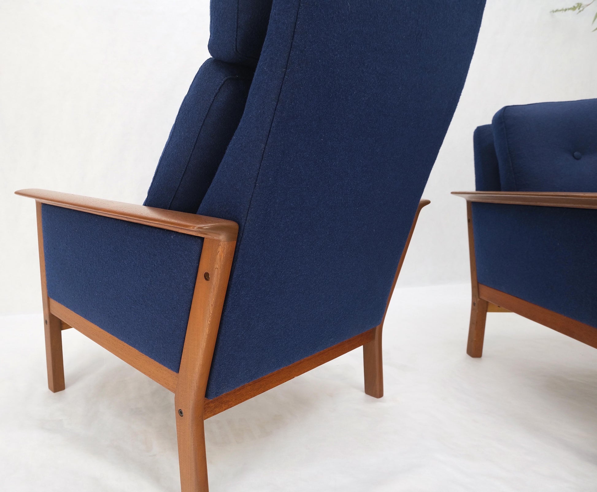 EstablishedLines Danish Mid-Century Modern Teak Frames New Wool Upholstery Lounge Chairs Refinish