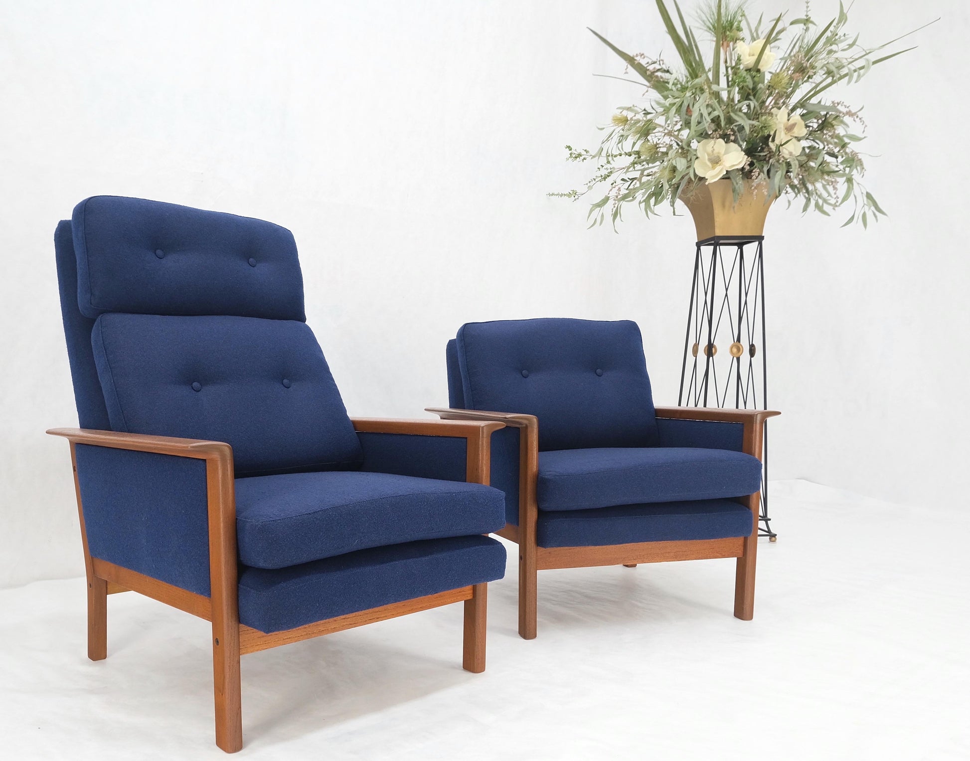 EstablishedLines Danish Mid-Century Modern Teak Frames New Wool Upholstery Lounge Chairs Refinish