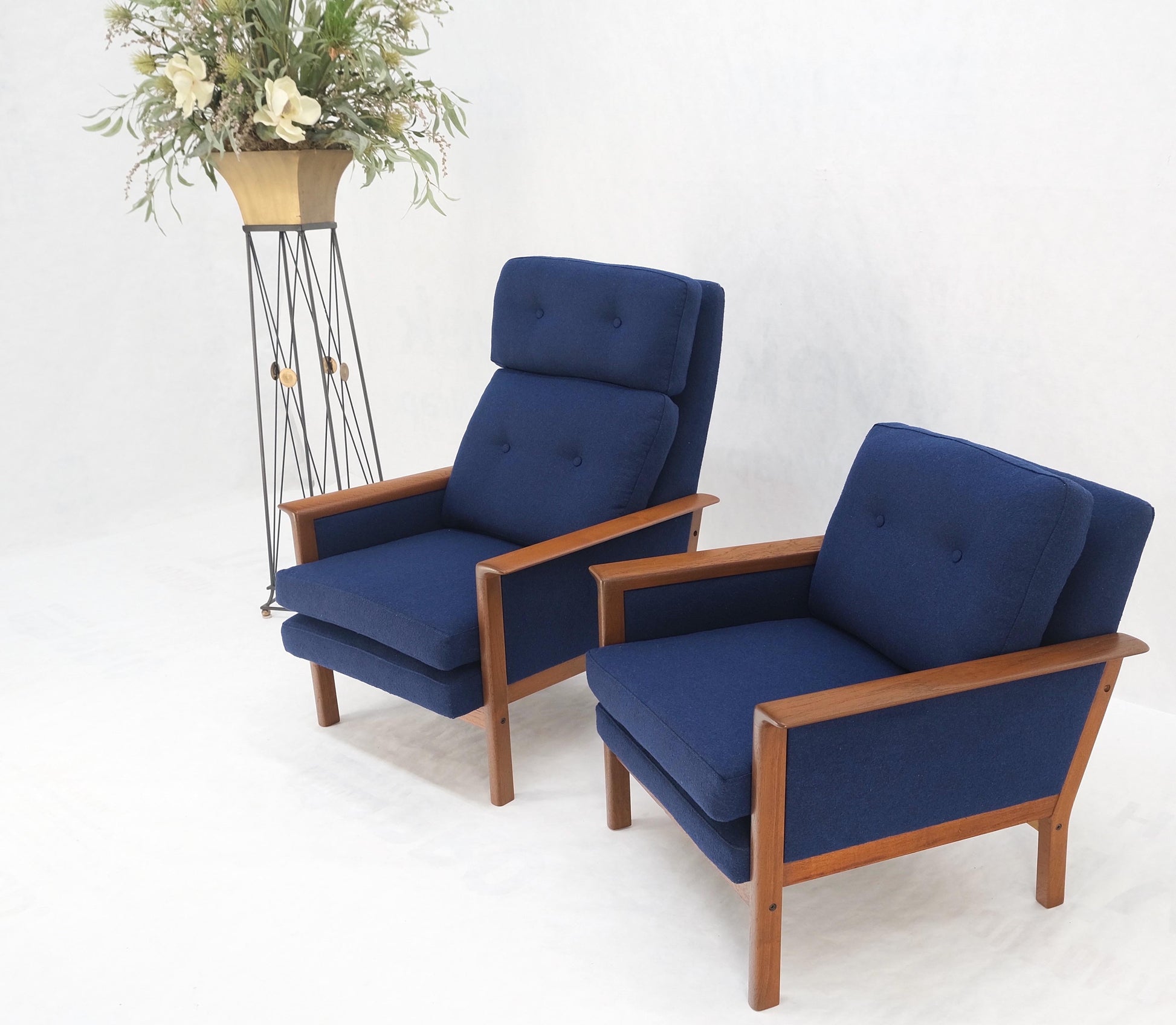 EstablishedLines Danish Mid-Century Modern Teak Frames New Wool Upholstery Lounge Chairs Refinish