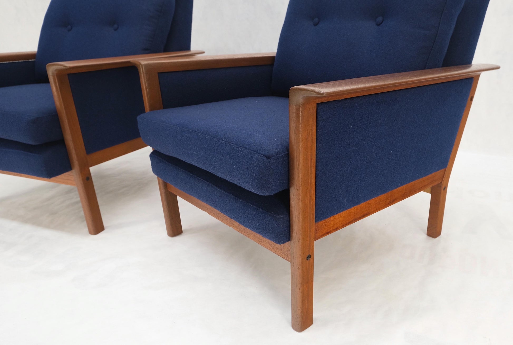 EstablishedLines Danish Mid-Century Modern Teak Frames New Wool Upholstery Lounge Chairs Refinish