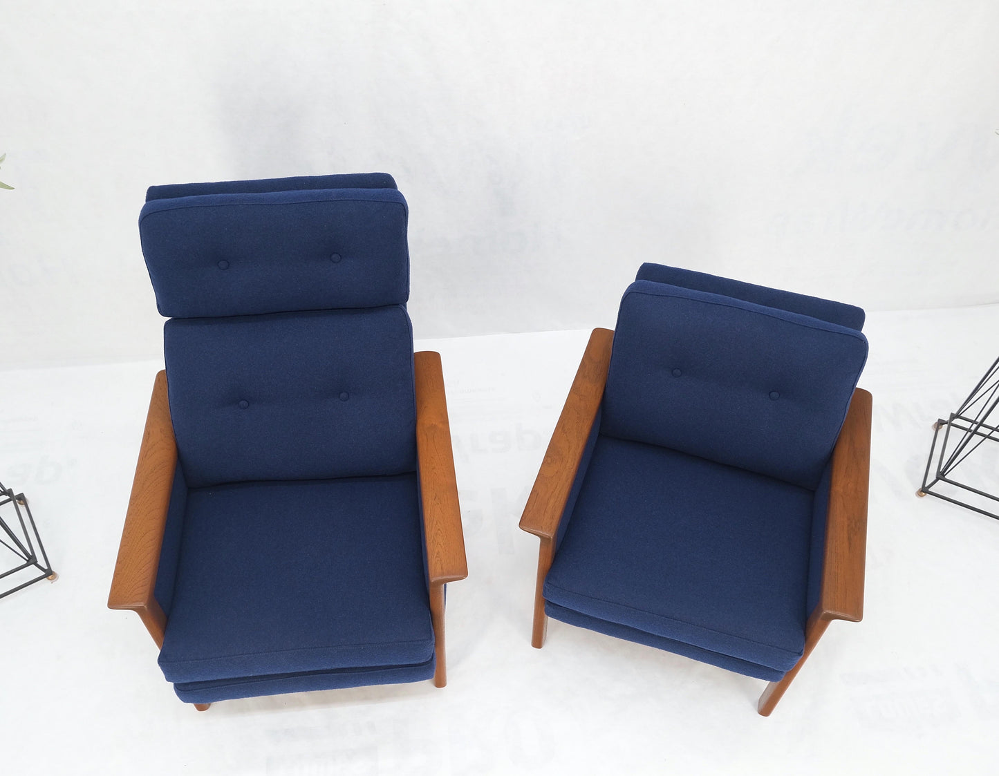 EstablishedLines Danish Mid-Century Modern Teak Frames New Wool Upholstery Lounge Chairs Refinish