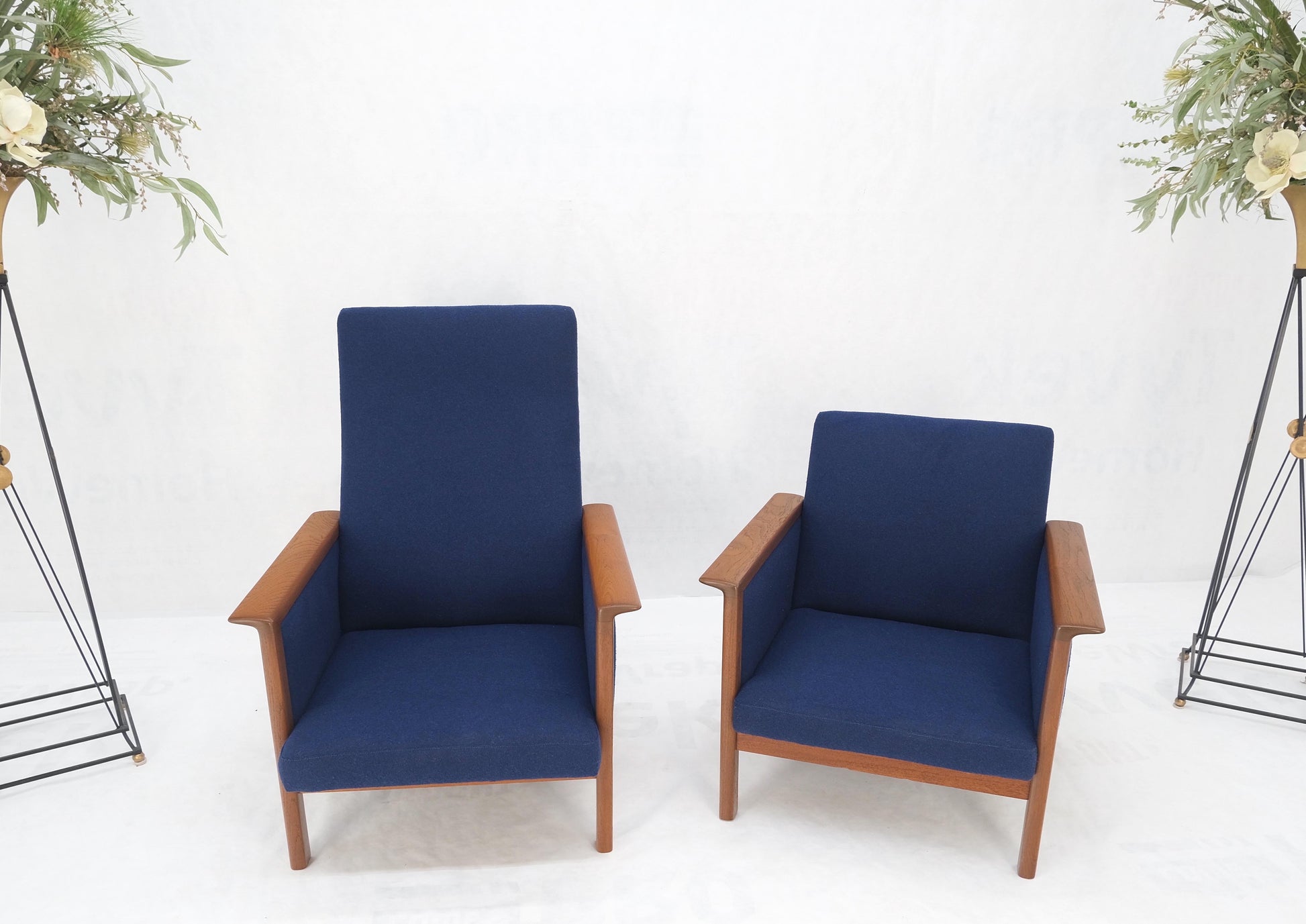 EstablishedLines Danish Mid-Century Modern Teak Frames New Wool Upholstery Lounge Chairs Refinish