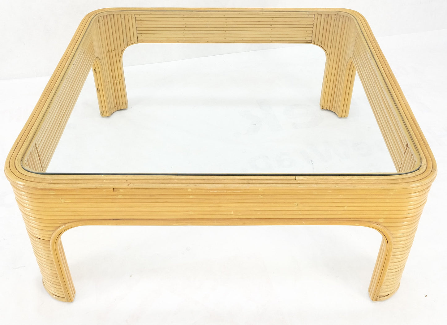 EstablishedLines Blond Rattan Bamboo Rounded Corners Square Glass Top Coffee Table 1970's Frankl