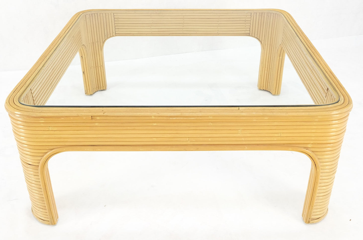 EstablishedLines Blond Rattan Bamboo Rounded Corners Square Glass Top Coffee Table 1970's Frankl