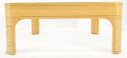 EstablishedLines Blond Rattan Bamboo Rounded Corners Square Glass Top Coffee Table 1970's Frankl