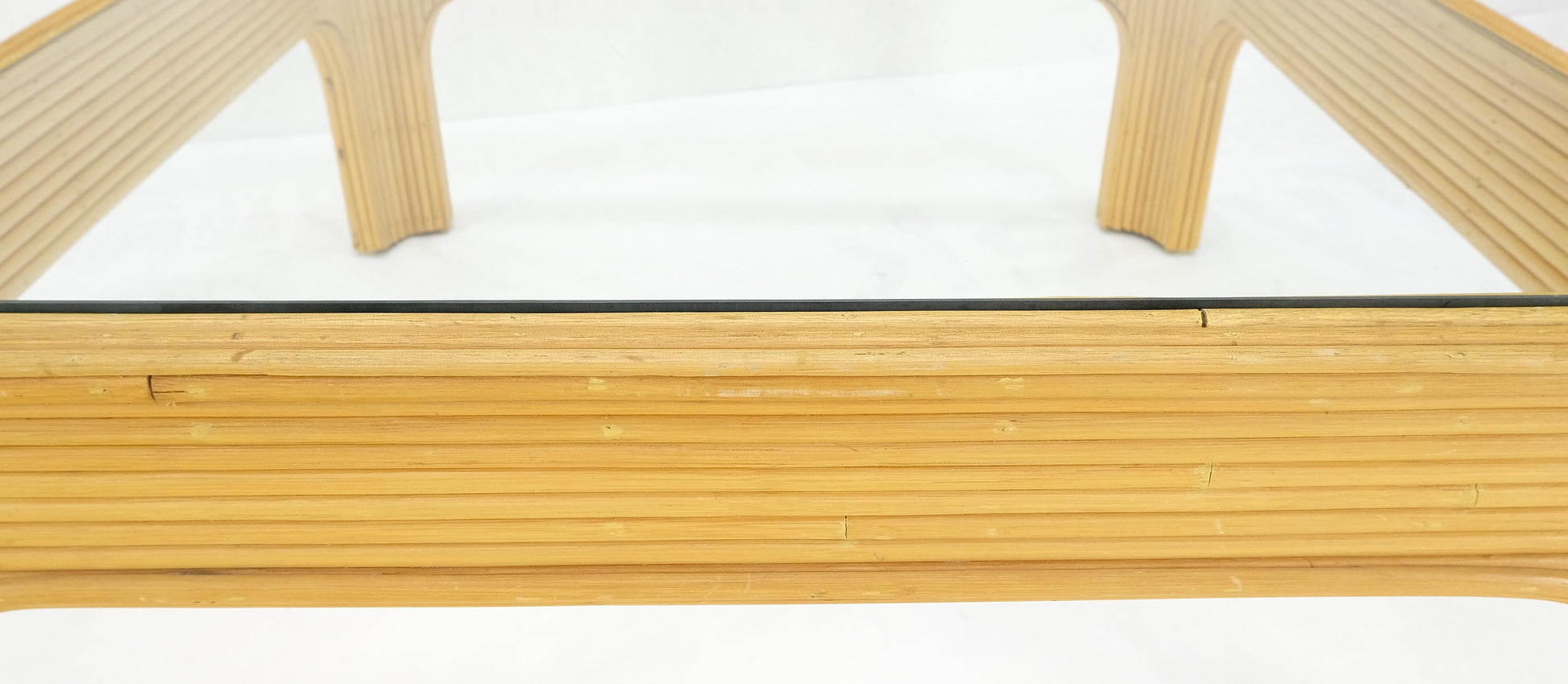 EstablishedLines Blond Rattan Bamboo Rounded Corners Square Glass Top Coffee Table 1970's Frankl