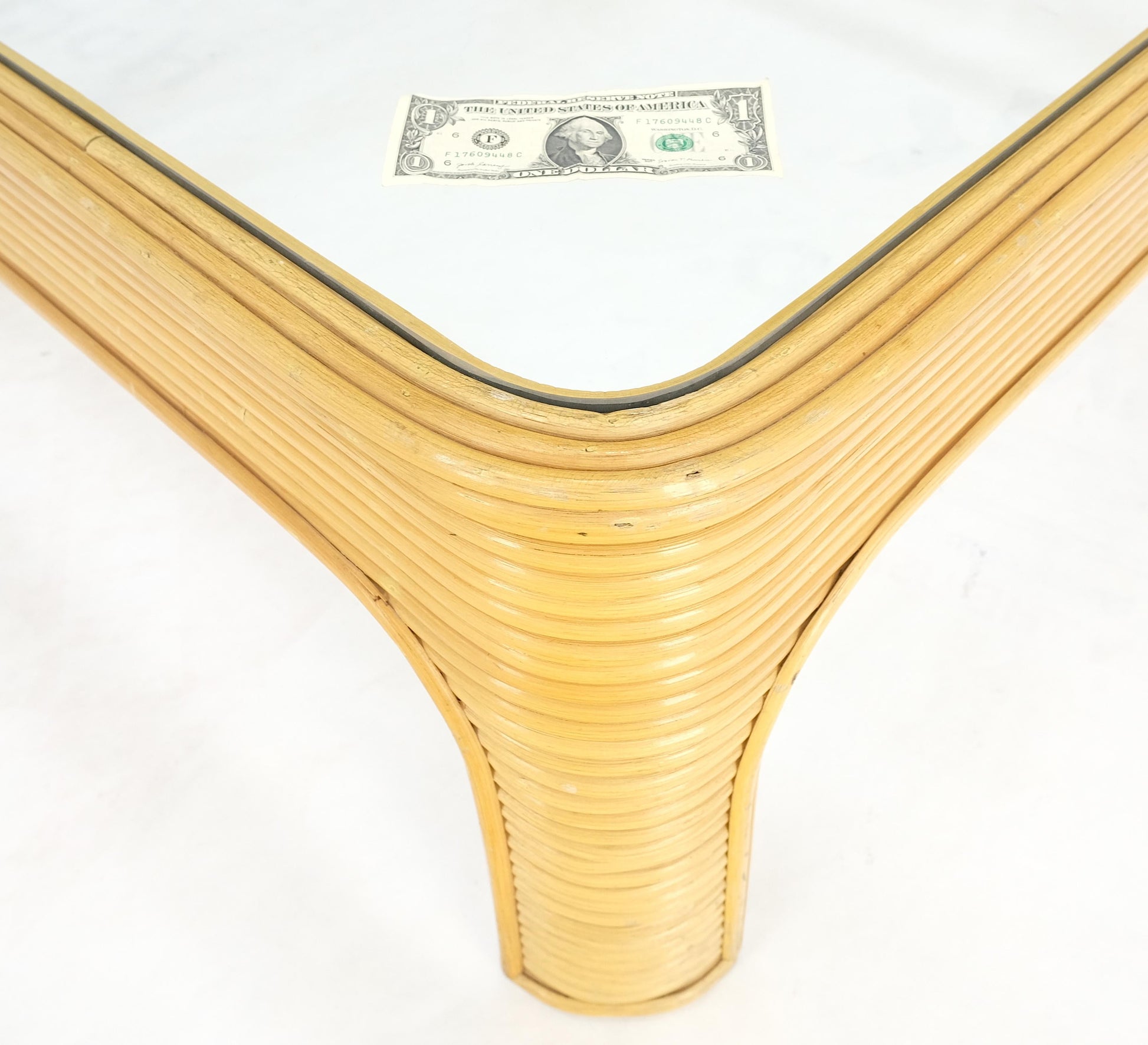 EstablishedLines Blond Rattan Bamboo Rounded Corners Square Glass Top Coffee Table 1970's Frankl