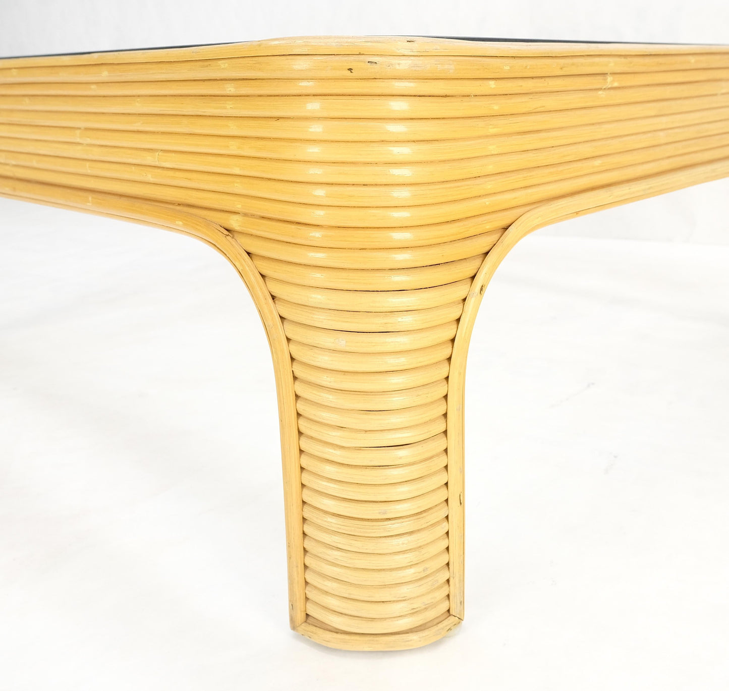 EstablishedLines Blond Rattan Bamboo Rounded Corners Square Glass Top Coffee Table 1970's Frankl