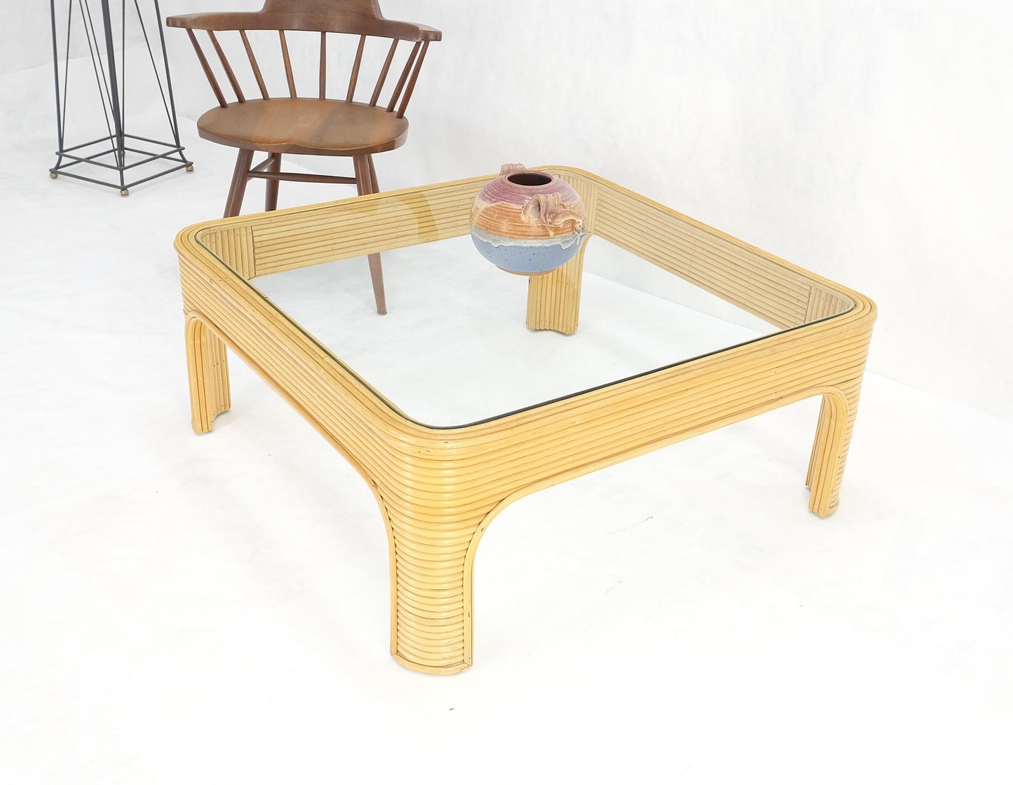 EstablishedLines Blond Rattan Bamboo Rounded Corners Square Glass Top Coffee Table 1970's Frankl
