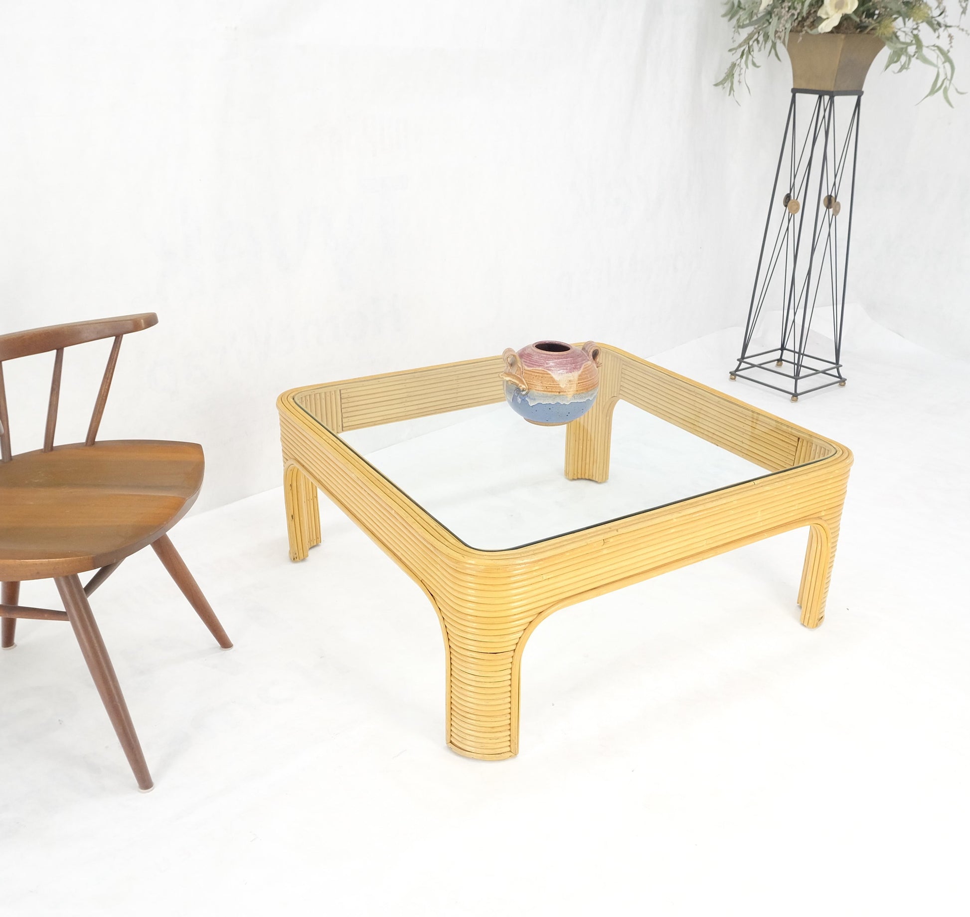 EstablishedLines Blond Rattan Bamboo Rounded Corners Square Glass Top Coffee Table 1970's Frankl