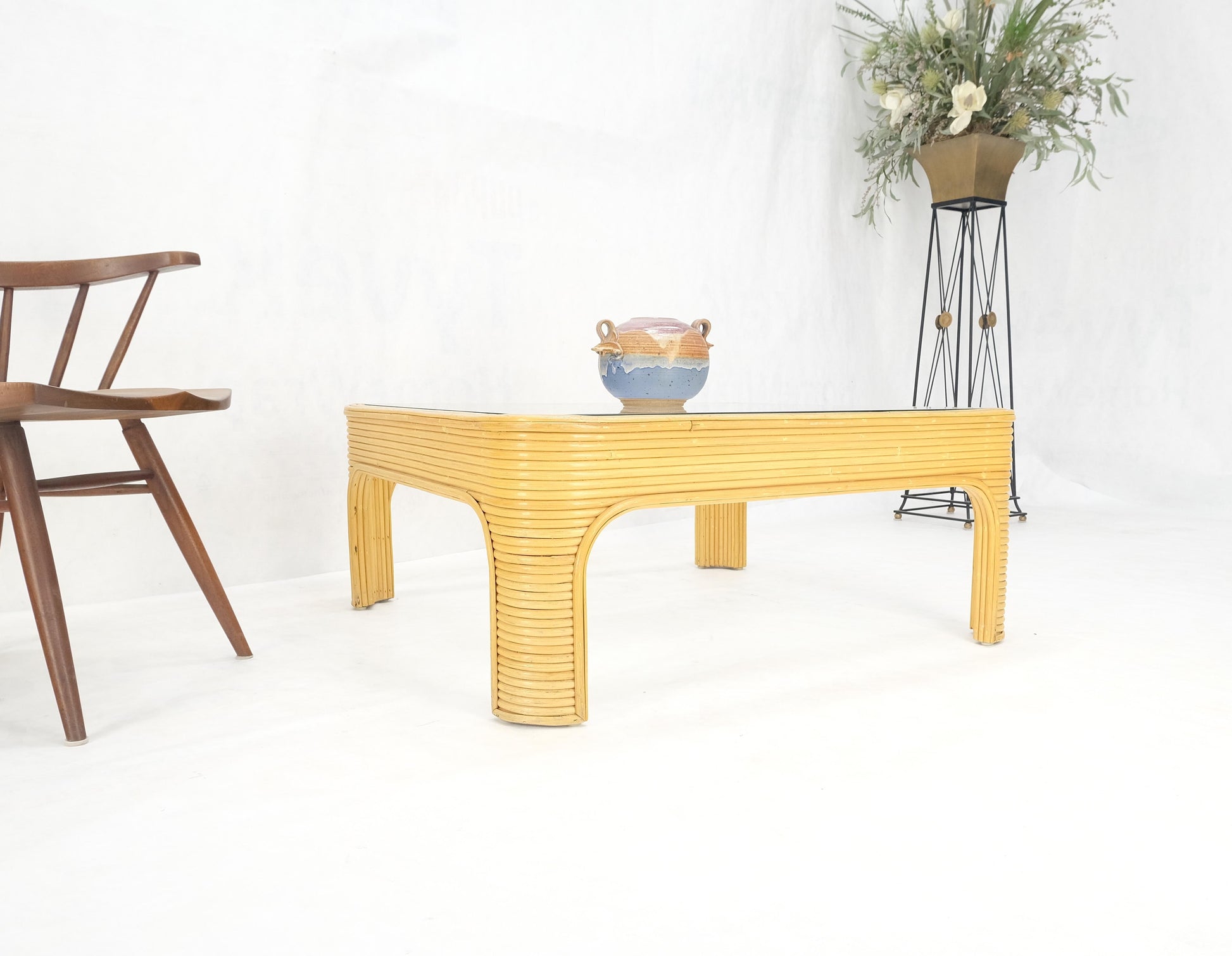 EstablishedLines Blond Rattan Bamboo Rounded Corners Square Glass Top Coffee Table 1970's Frankl