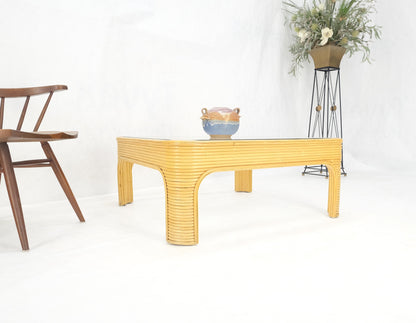 EstablishedLines Blond Rattan Bamboo Rounded Corners Square Glass Top Coffee Table 1970's Frankl