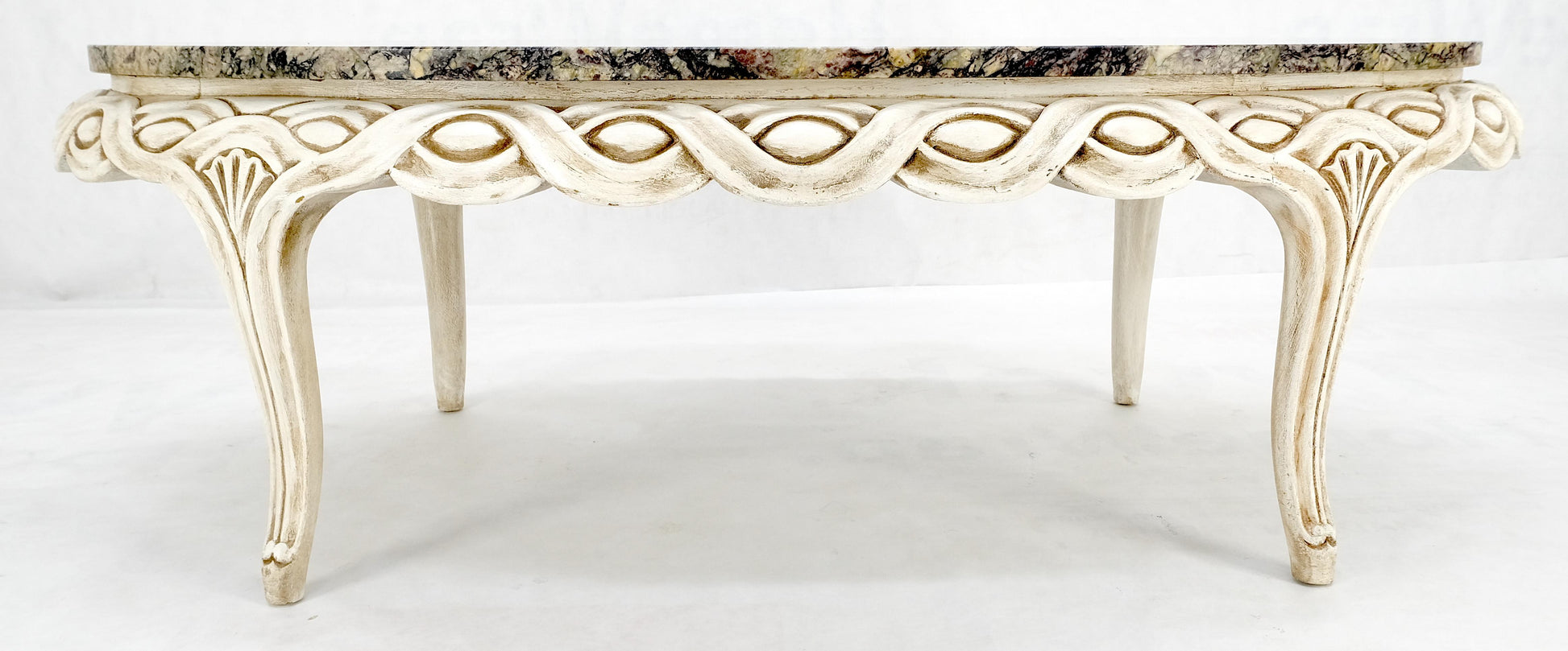 EstablishedLines Braided Bezel Oval Marble Top White Pickle Finish French Provincial Coffee Table