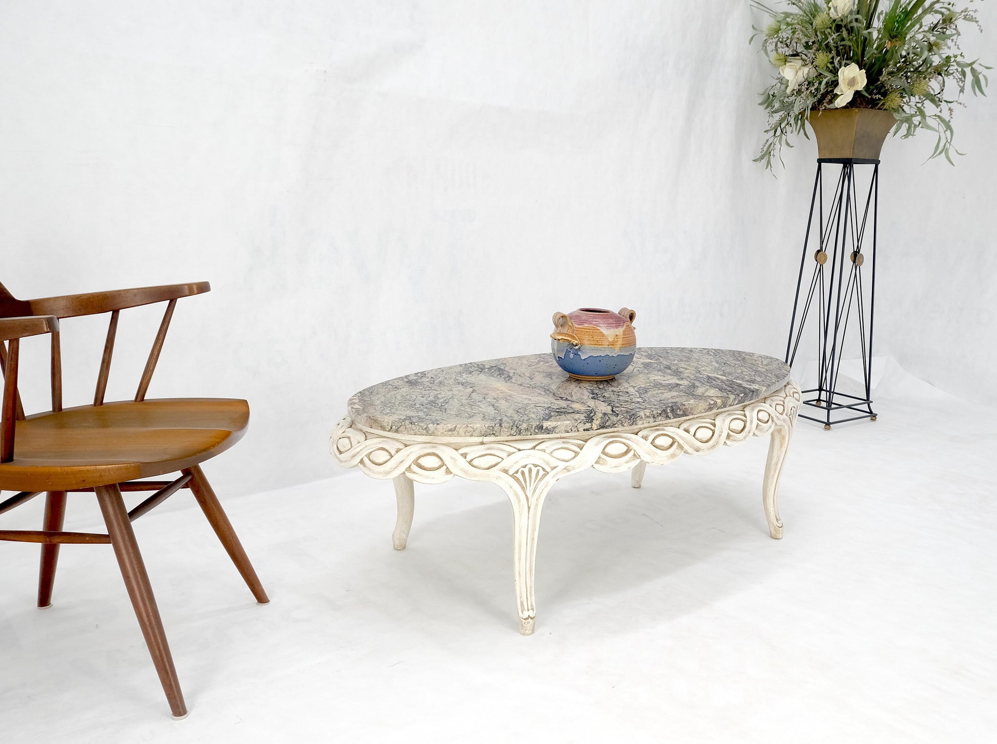 EstablishedLines Braided Bezel Oval Marble Top White Pickle Finish French Provincial Coffee Table