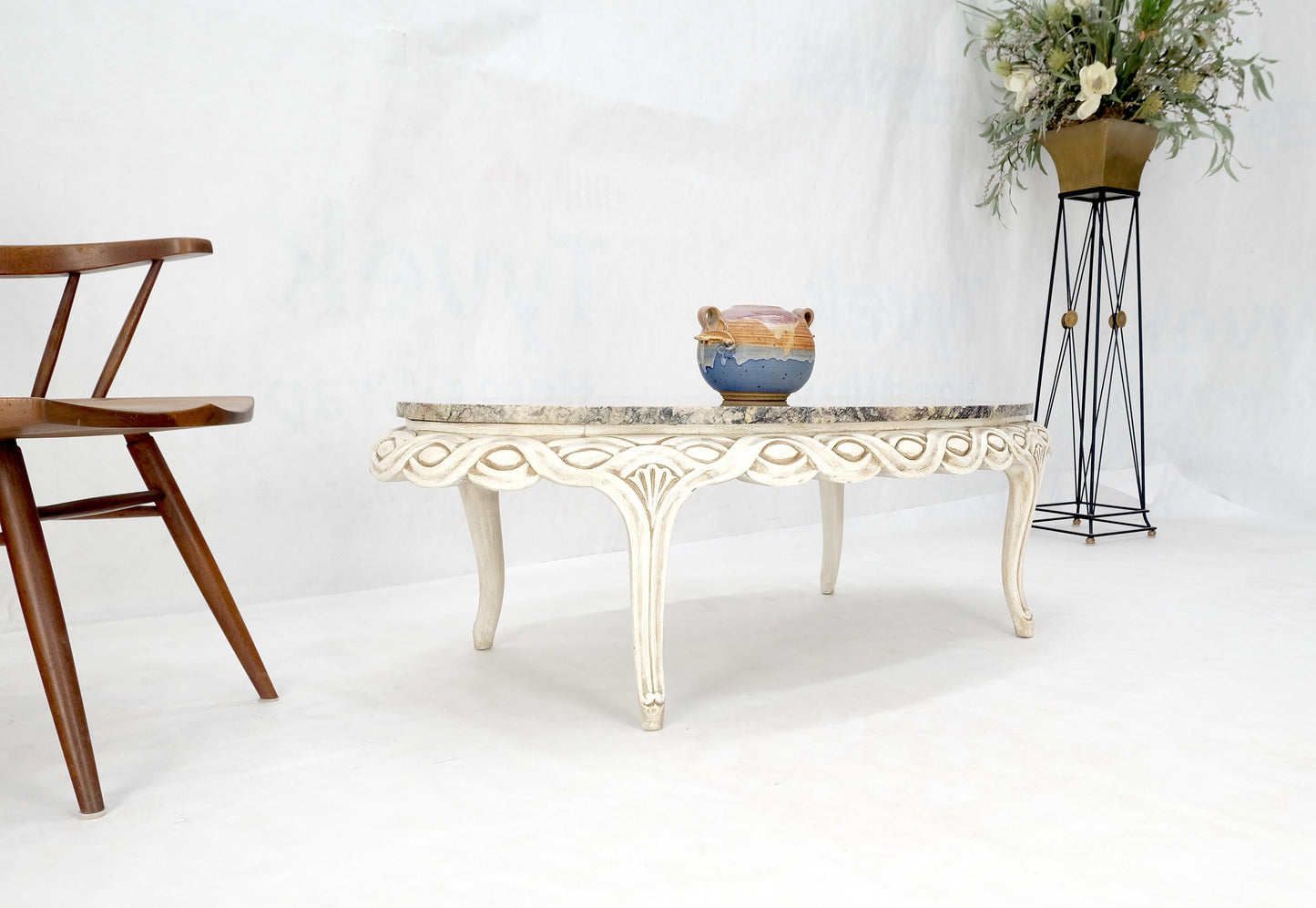EstablishedLines Braided Bezel Oval Marble Top White Pickle Finish French Provincial Coffee Table