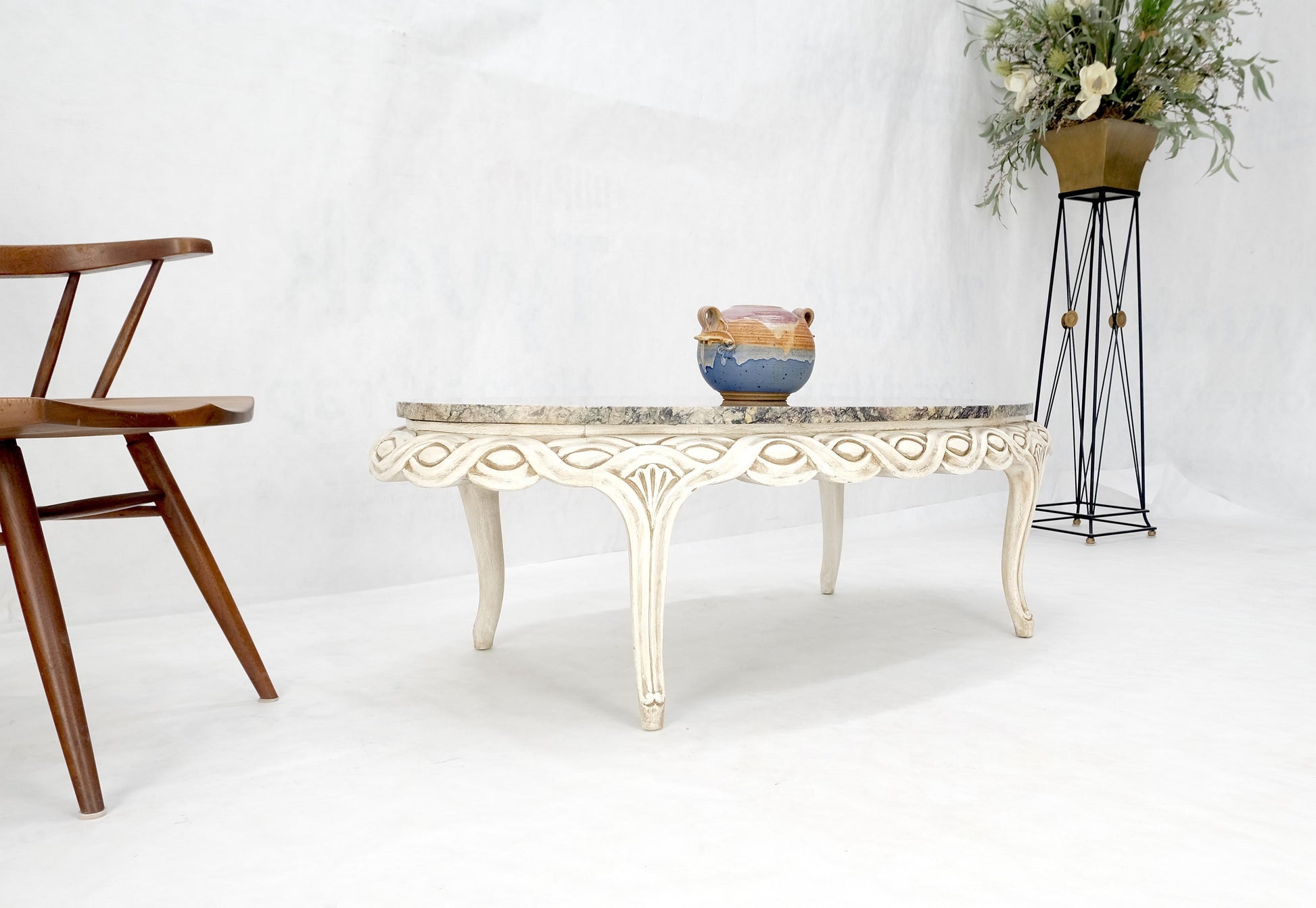 EstablishedLines Braided Bezel Oval Marble Top White Pickle Finish French Provincial Coffee Table