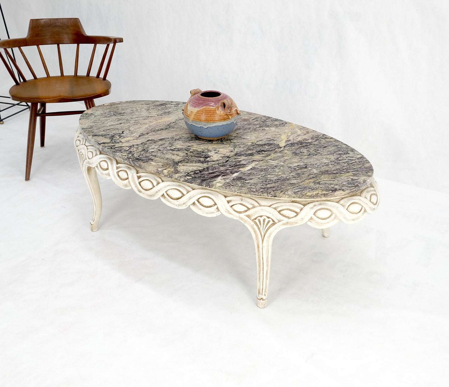EstablishedLines Braided Bezel Oval Marble Top White Pickle Finish French Provincial Coffee Table