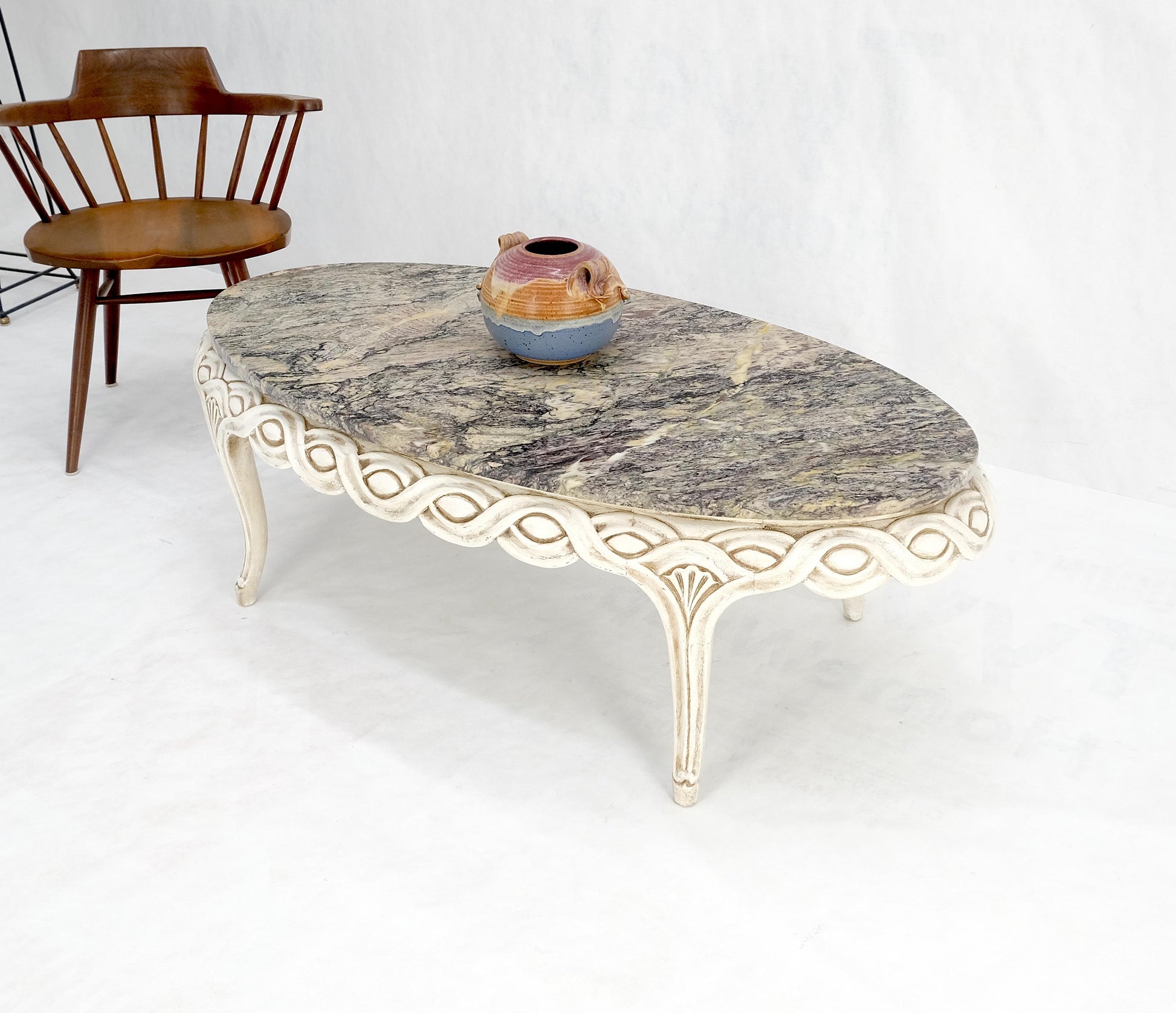 EstablishedLines Braided Bezel Oval Marble Top White Pickle Finish French Provincial Coffee Table