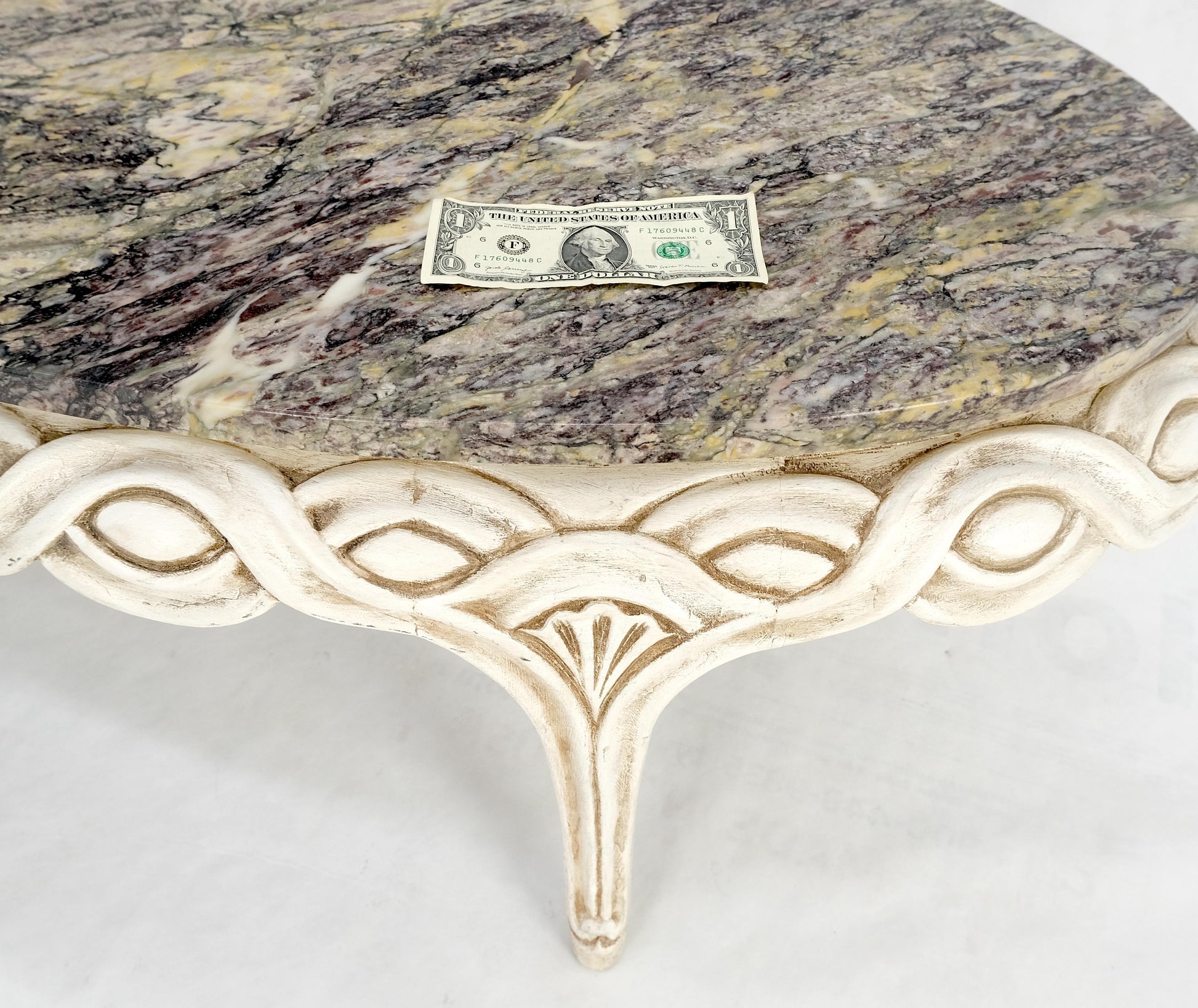 EstablishedLines Braided Bezel Oval Marble Top White Pickle Finish French Provincial Coffee Table