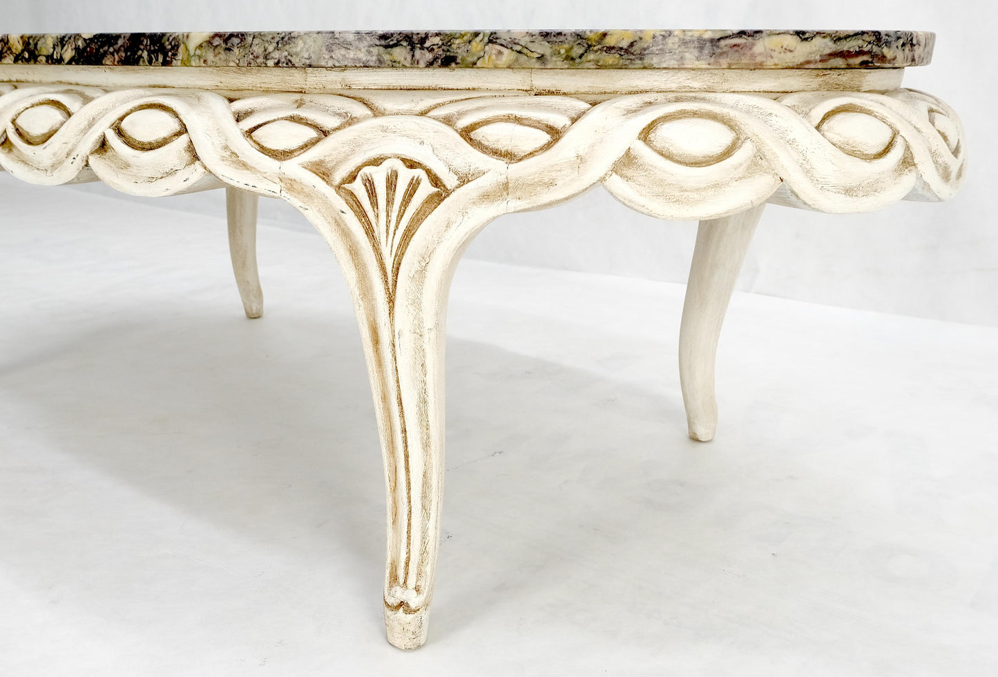 EstablishedLines Braided Bezel Oval Marble Top White Pickle Finish French Provincial Coffee Table