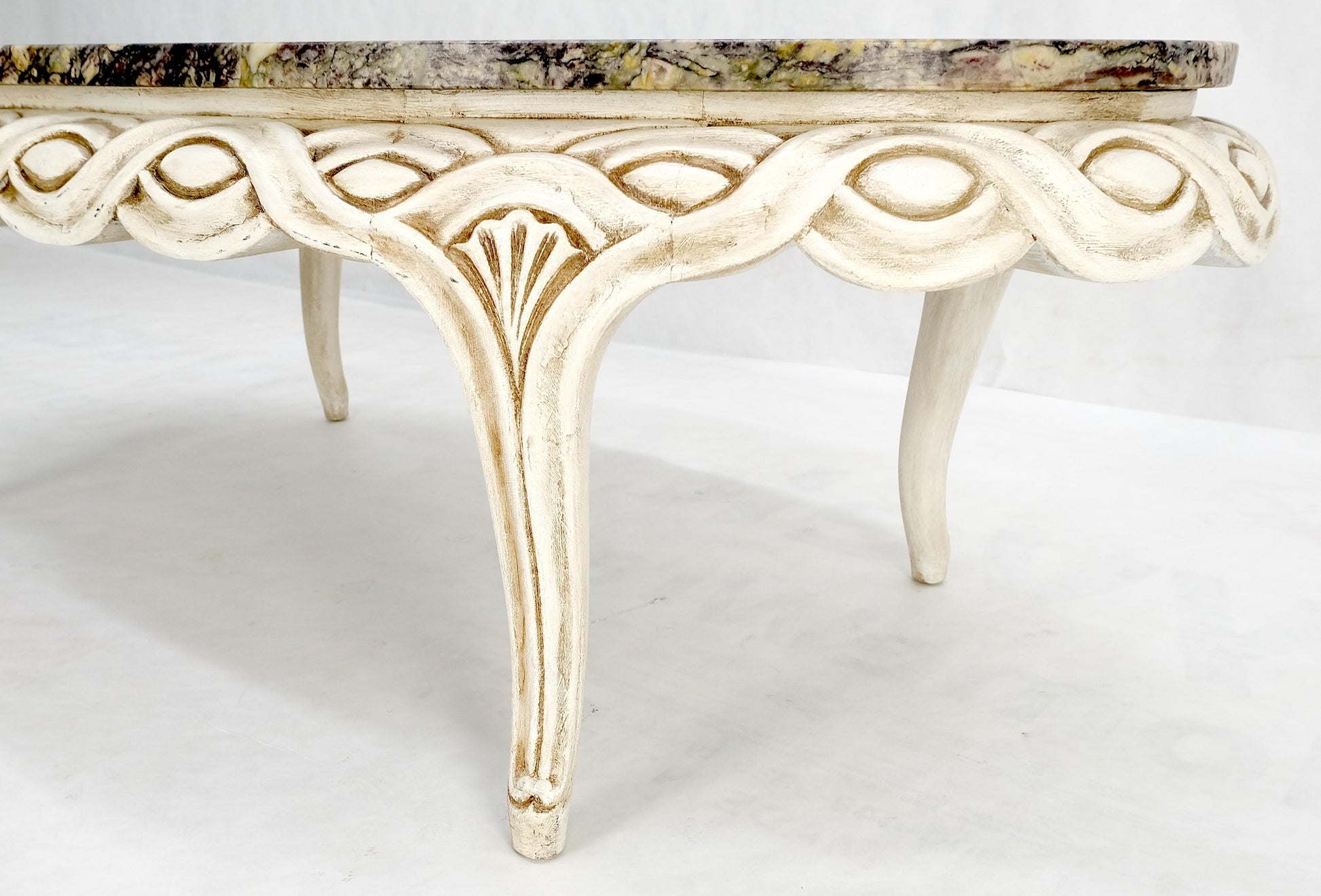 EstablishedLines Braided Bezel Oval Marble Top White Pickle Finish French Provincial Coffee Table