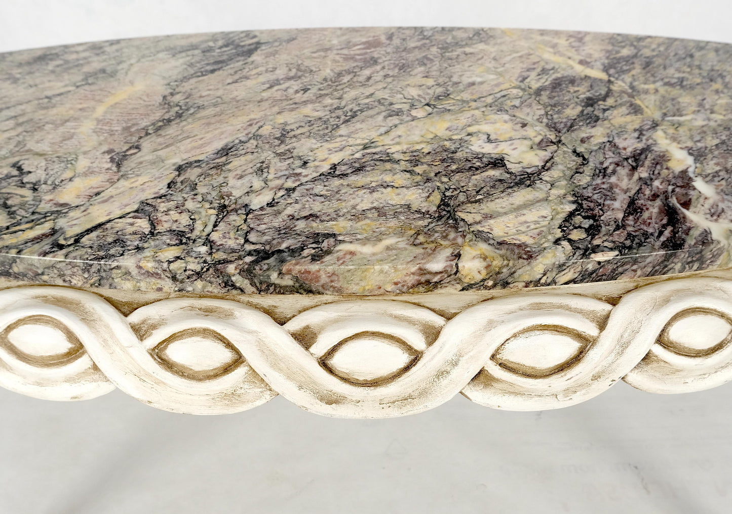 EstablishedLines Braided Bezel Oval Marble Top White Pickle Finish French Provincial Coffee Table