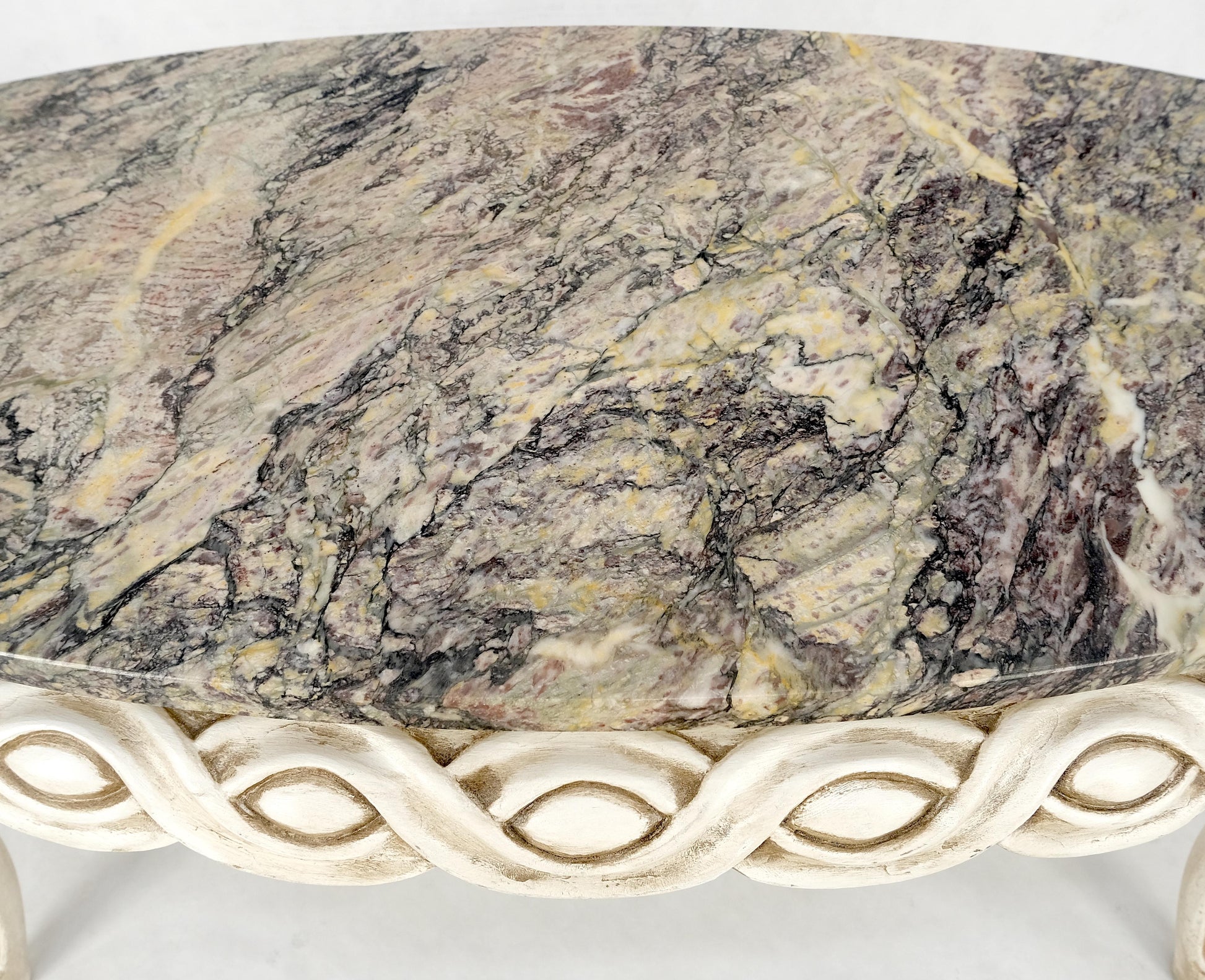 EstablishedLines Braided Bezel Oval Marble Top White Pickle Finish French Provincial Coffee Table