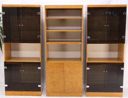 EstablishedLines 3 Bay Burl Walnut Smoked Glass Doors Cabinets Adjustable Shelves Wall Unit Mint