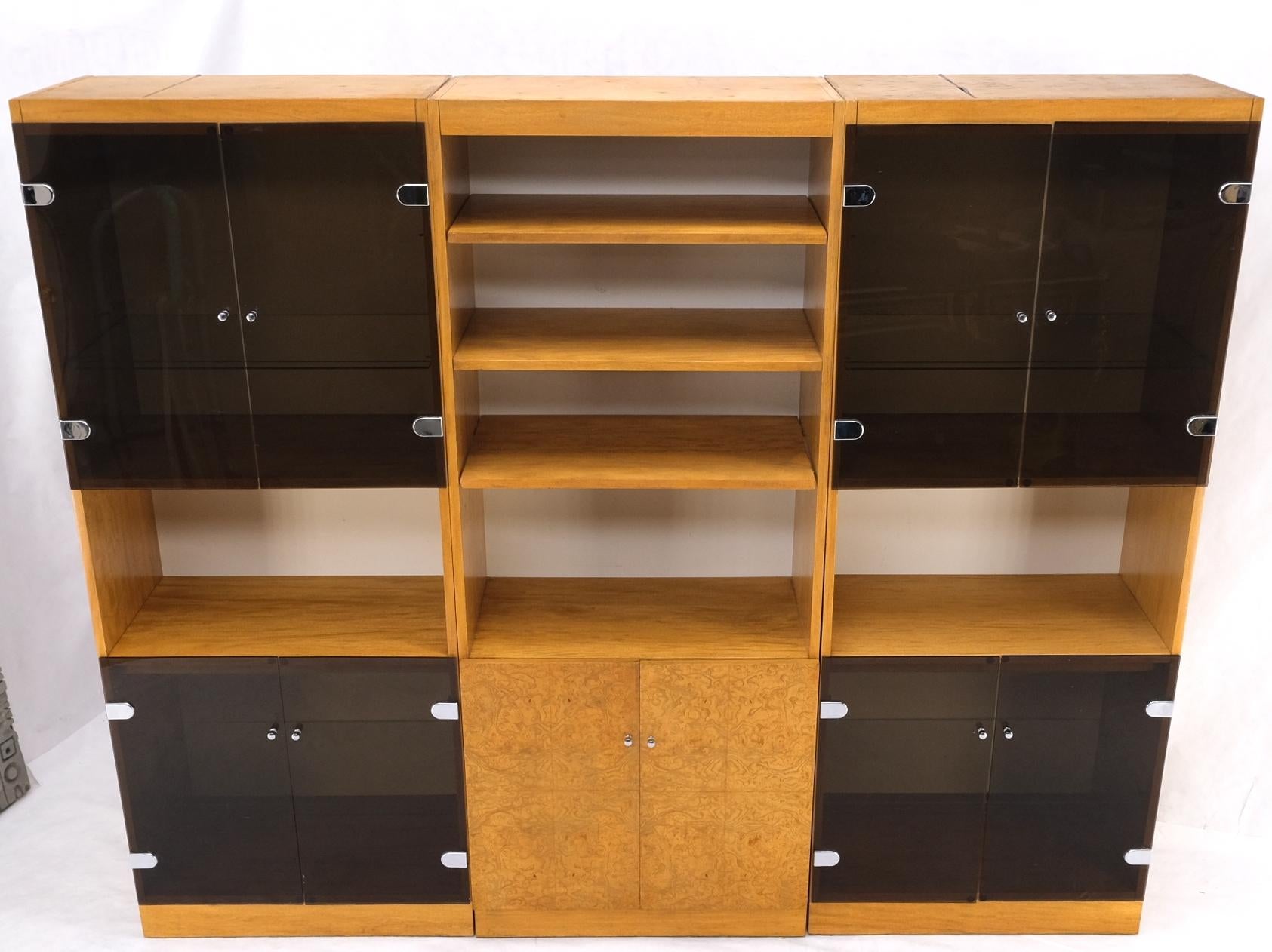 EstablishedLines 3 Bay Burl Walnut Smoked Glass Doors Cabinets Adjustable Shelves Wall Unit Mint