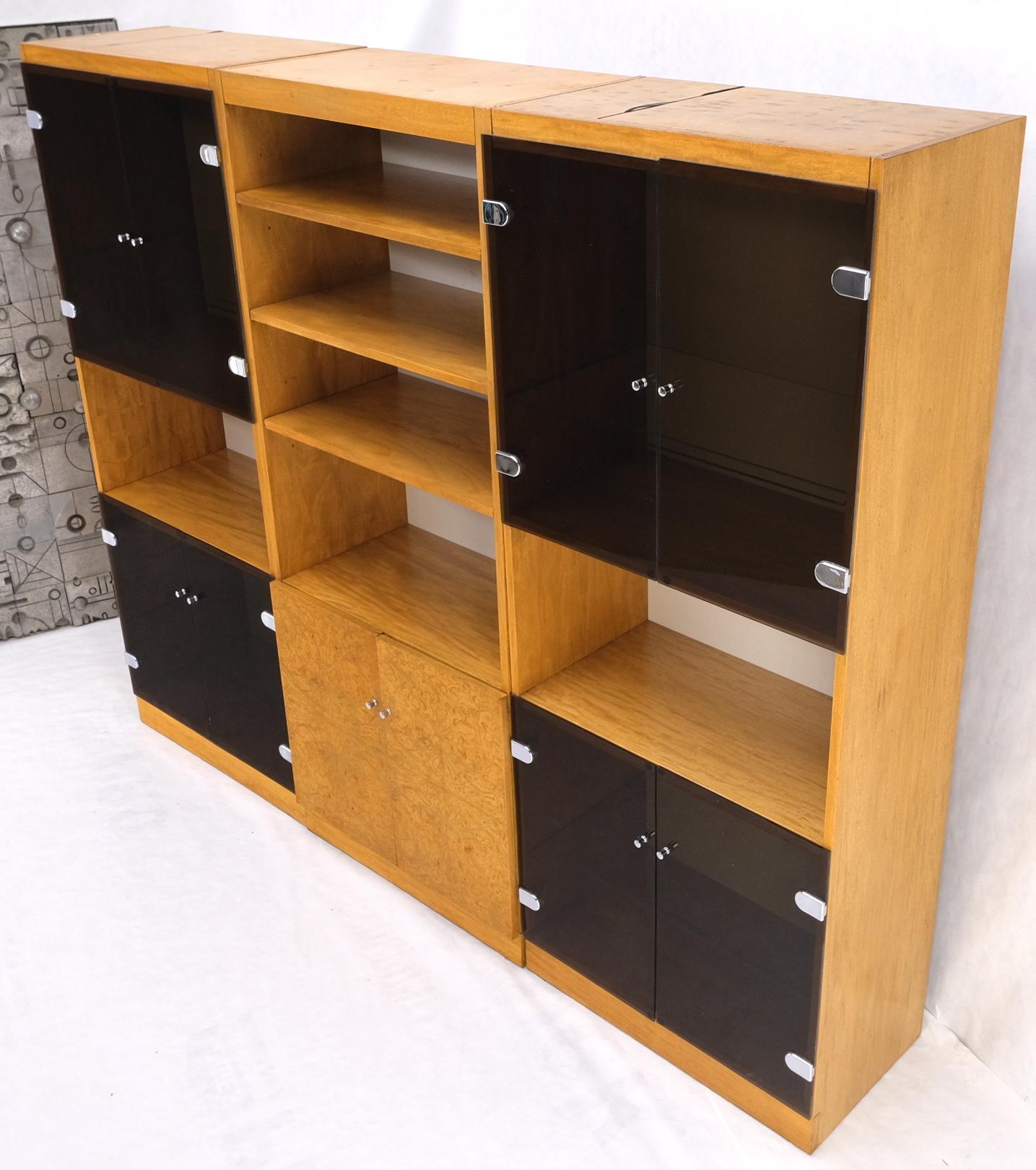 EstablishedLines 3 Bay Burl Walnut Smoked Glass Doors Cabinets Adjustable Shelves Wall Unit Mint