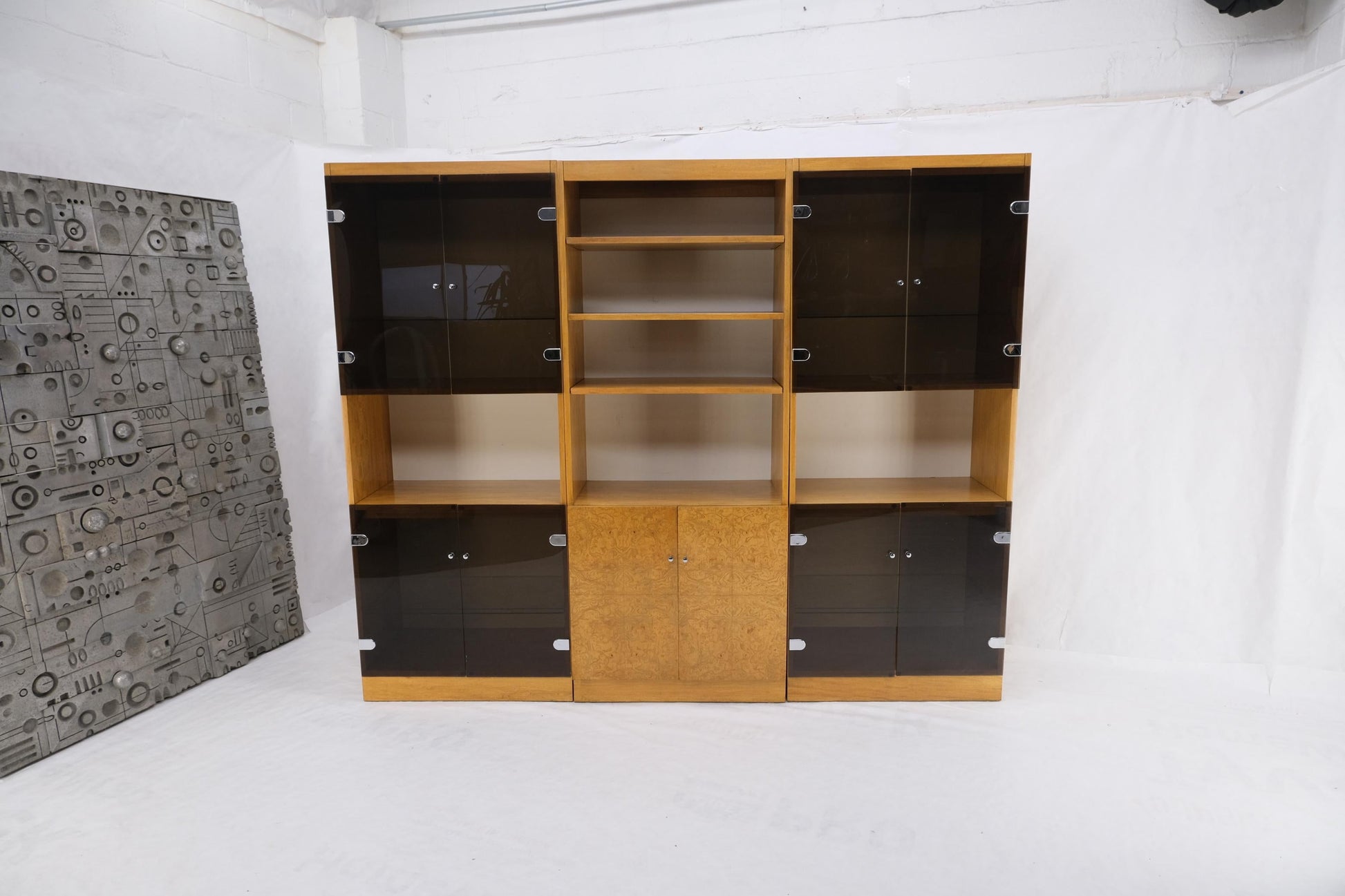 EstablishedLines 3 Bay Burl Walnut Smoked Glass Doors Cabinets Adjustable Shelves Wall Unit Mint