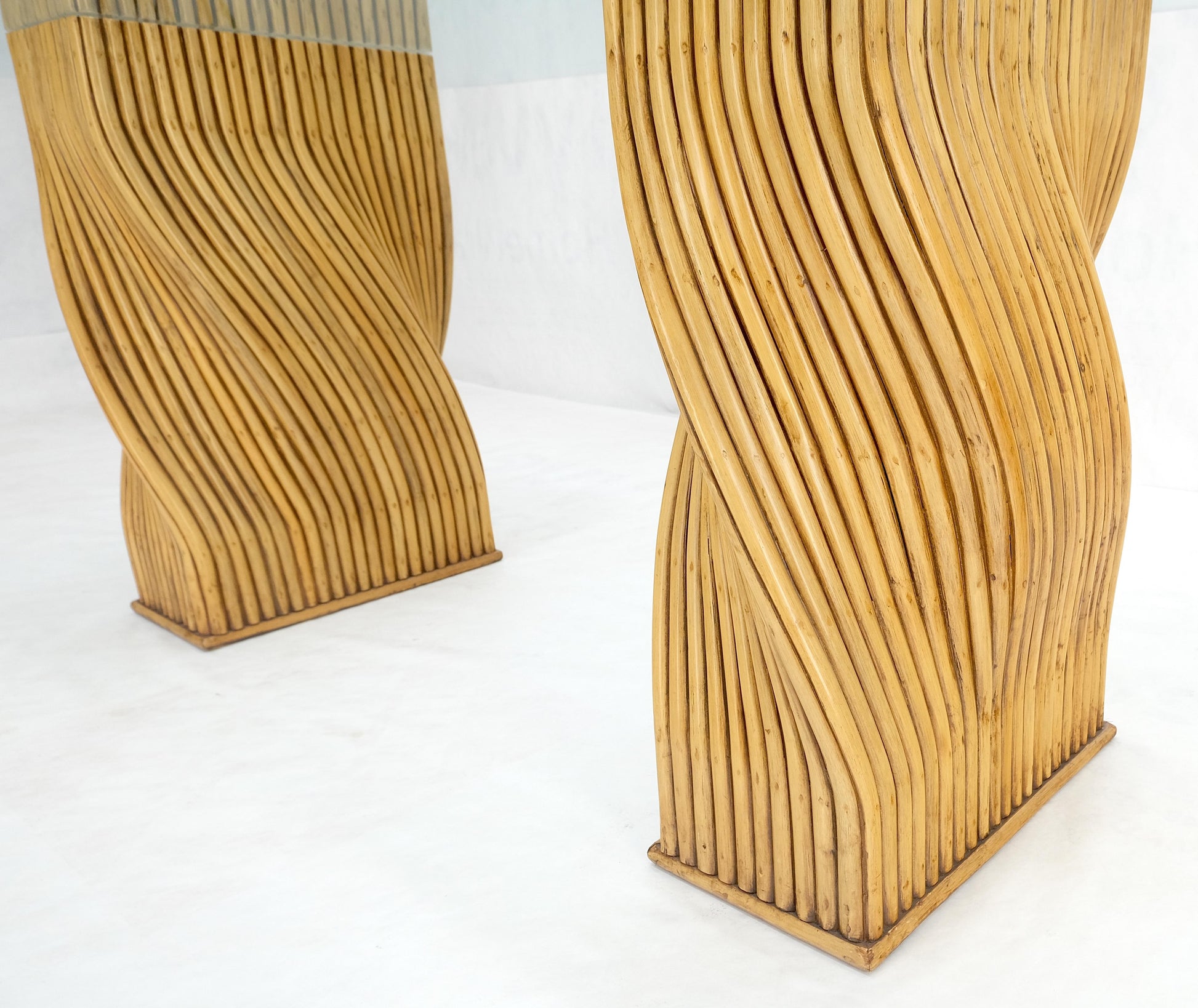 EstablishedLines Racetrack Oval Shape 3/4" Glass Top Sheaf of Twisted Bamboo Bases Dining Table