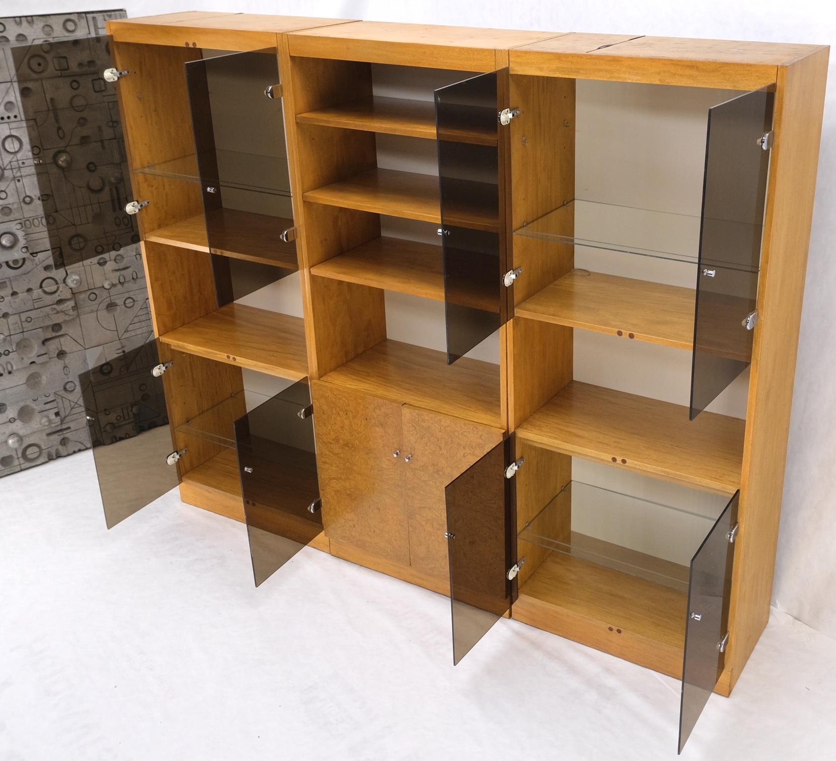 EstablishedLines 3 Bay Burl Walnut Smoked Glass Doors Cabinets Adjustable Shelves Wall Unit Mint