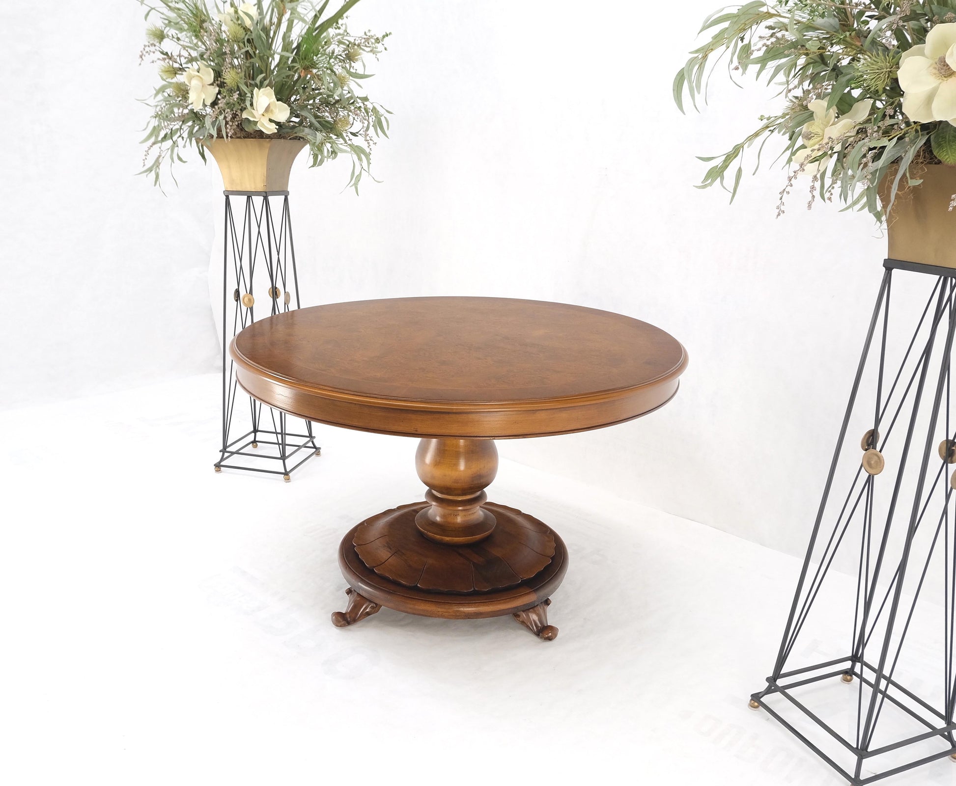 EstablishedLines Burl Walnut Wood Top Round Carved Lotus Shape Base Dining Center Table Mint!