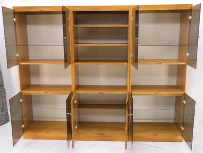EstablishedLines 3 Bay Burl Walnut Smoked Glass Doors Cabinets Adjustable Shelves Wall Unit Mint