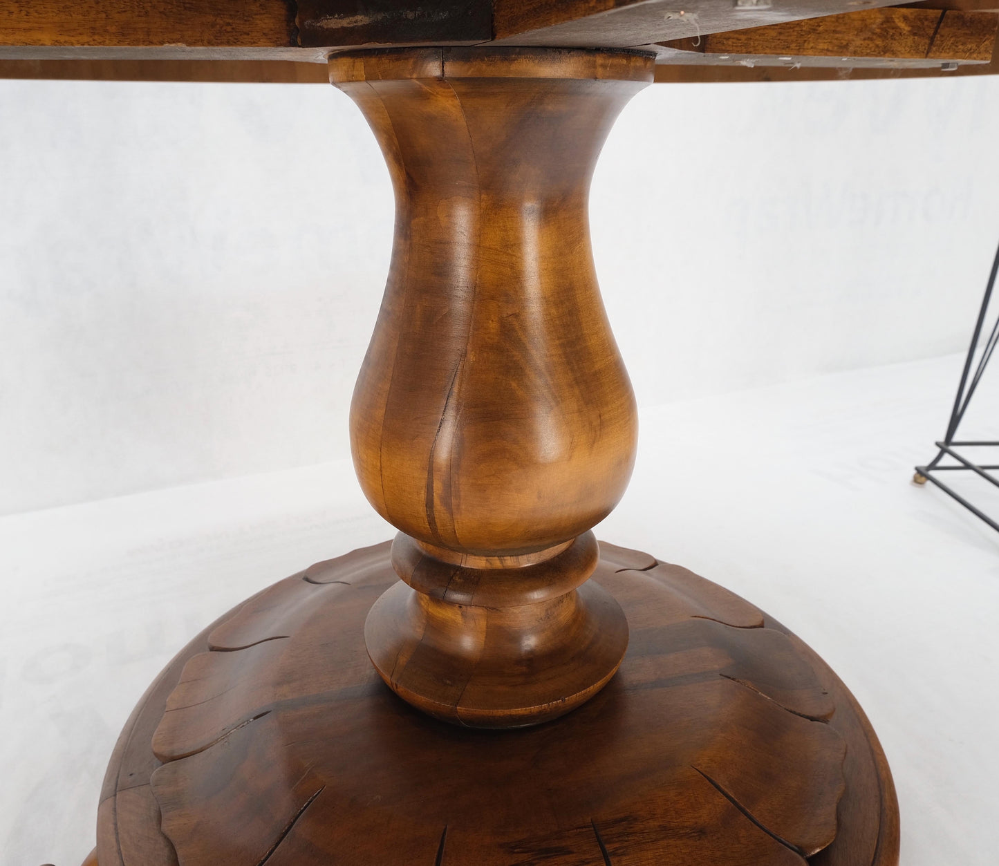 Burl Walnut Wood Top Round Carved Lotus Shape Base Dining Center Table Mint!