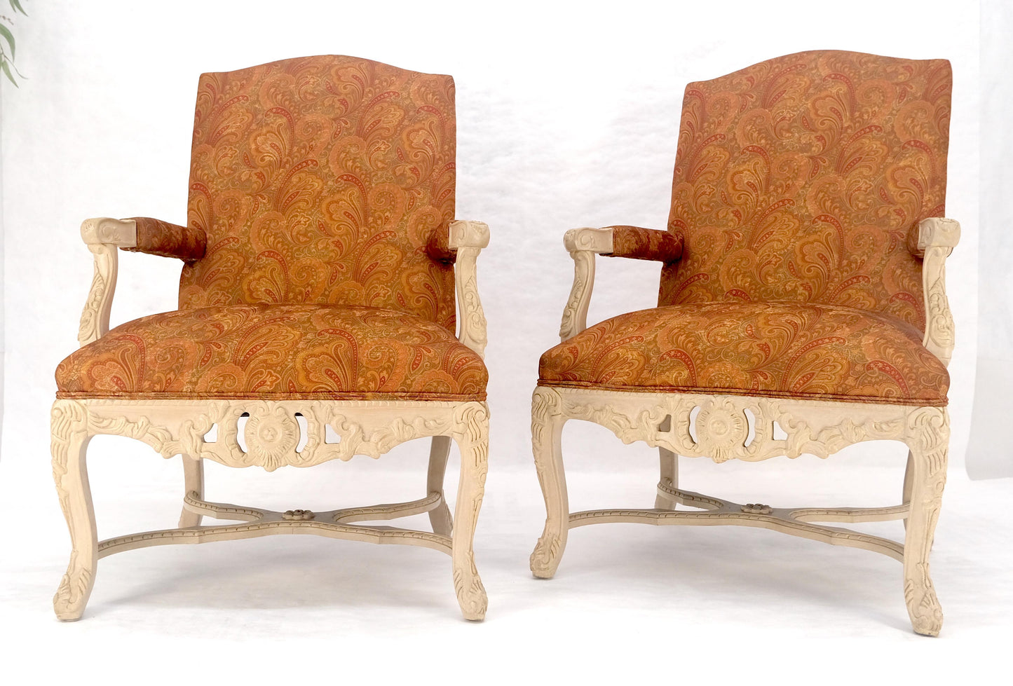 EstablishedLines Pair of Fine Carved White Lacquer Rouge Floral Upholstery Arm Club Chairs MINT