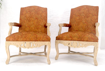 EstablishedLines Pair of Fine Carved White Lacquer Rouge Floral Upholstery Arm Club Chairs MINT