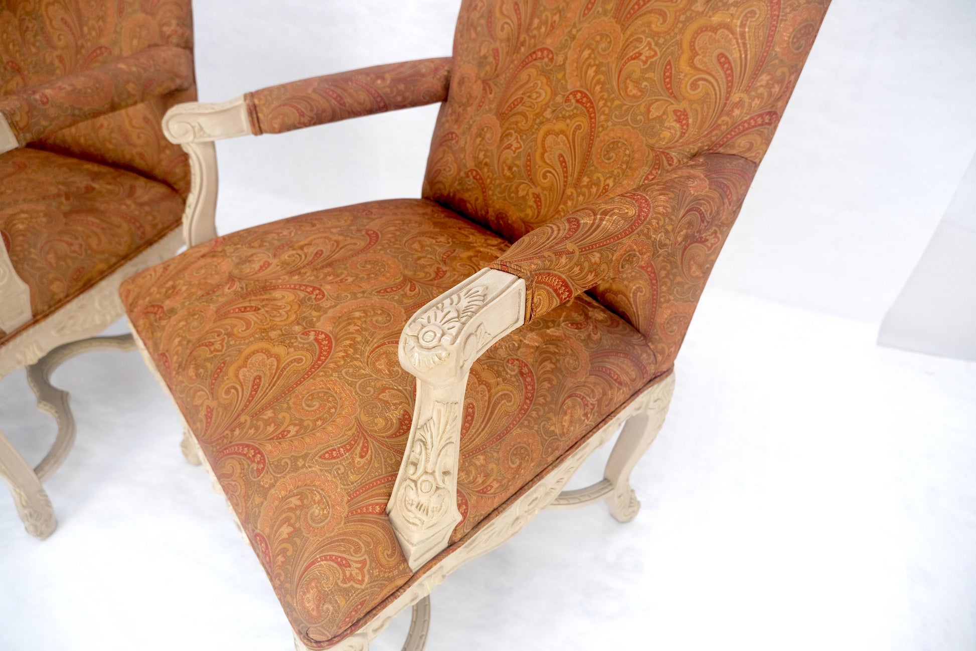 EstablishedLines Pair of Fine Carved White Lacquer Rouge Floral Upholstery Arm Club Chairs MINT