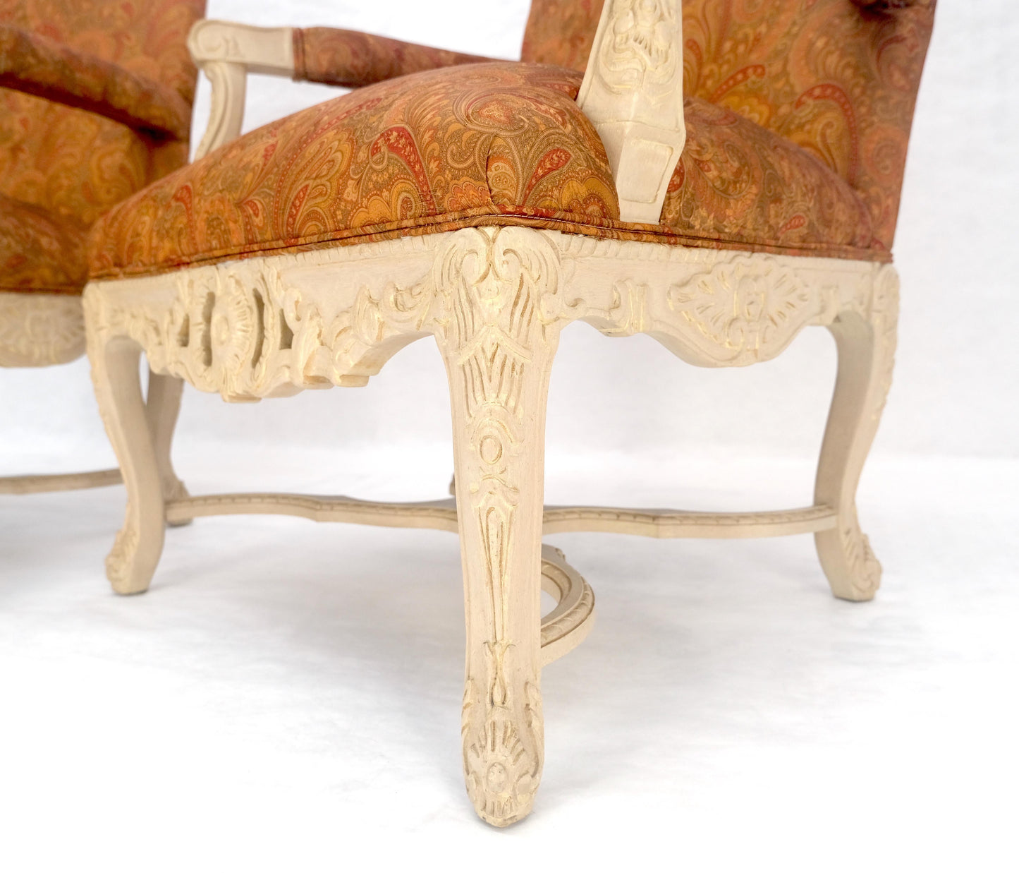 EstablishedLines Pair of Fine Carved White Lacquer Rouge Floral Upholstery Arm Club Chairs MINT