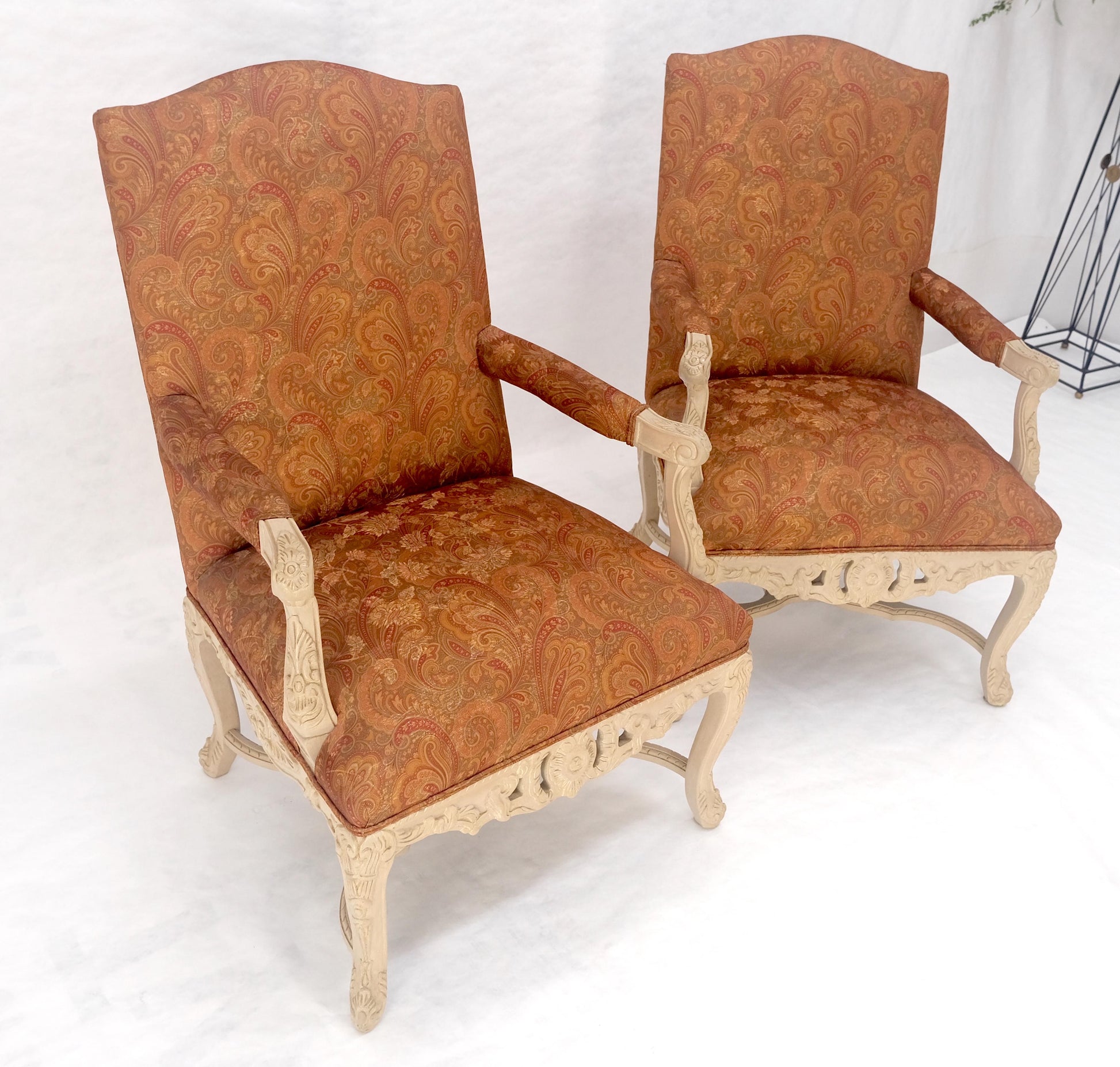 EstablishedLines Pair of Fine Carved White Lacquer Rouge Floral Upholstery Arm Club Chairs MINT