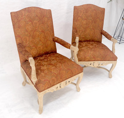 EstablishedLines Pair of Fine Carved White Lacquer Rouge Floral Upholstery Arm Club Chairs MINT