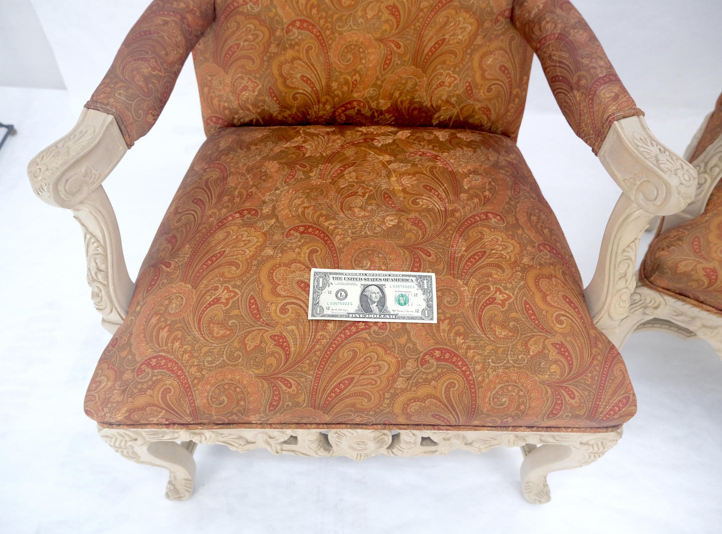 EstablishedLines Pair of Fine Carved White Lacquer Rouge Floral Upholstery Arm Club Chairs MINT